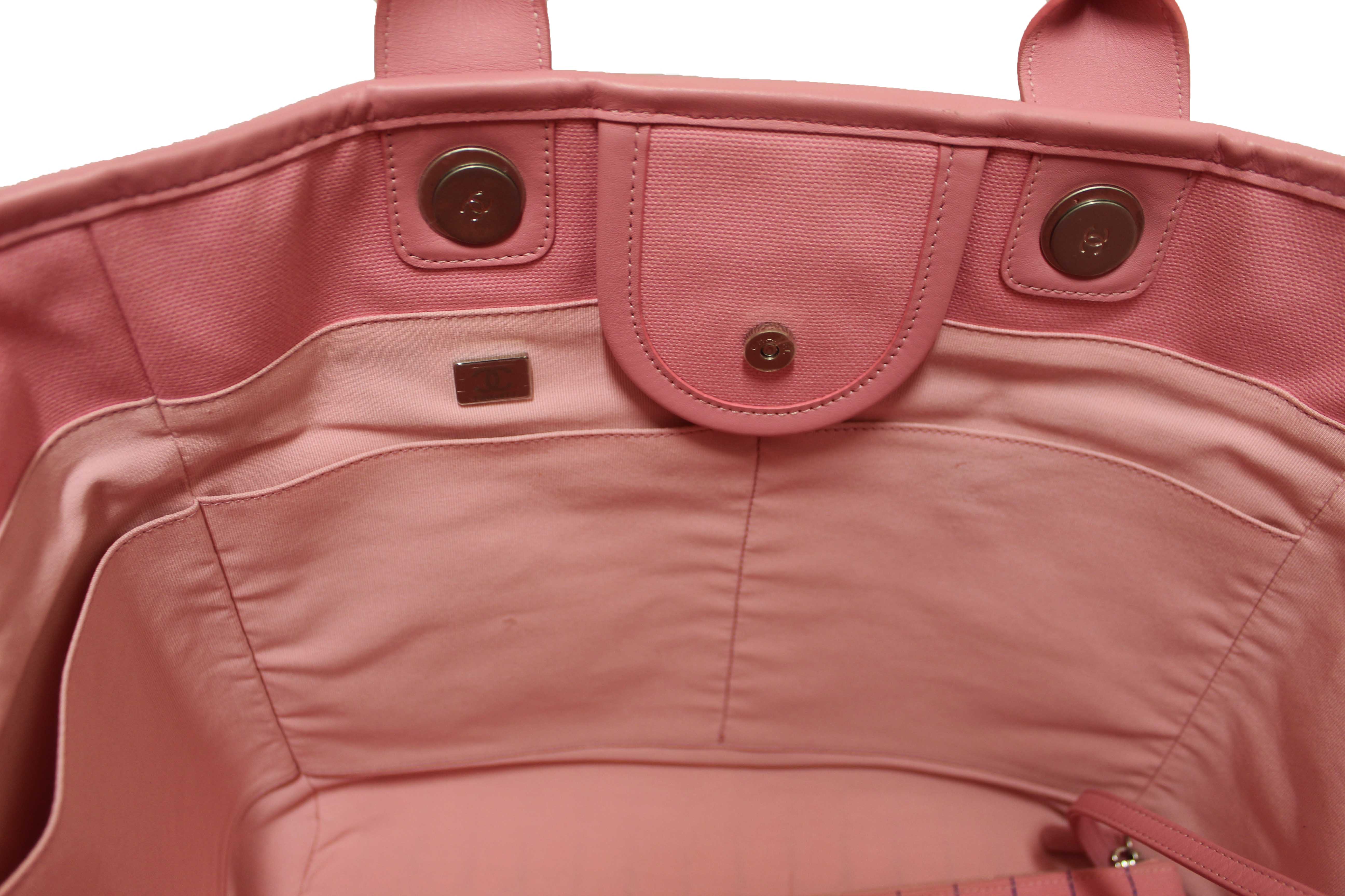 Authentic Chanel Pink Pinstripe Canvas Medium Deauville Shopping Tote