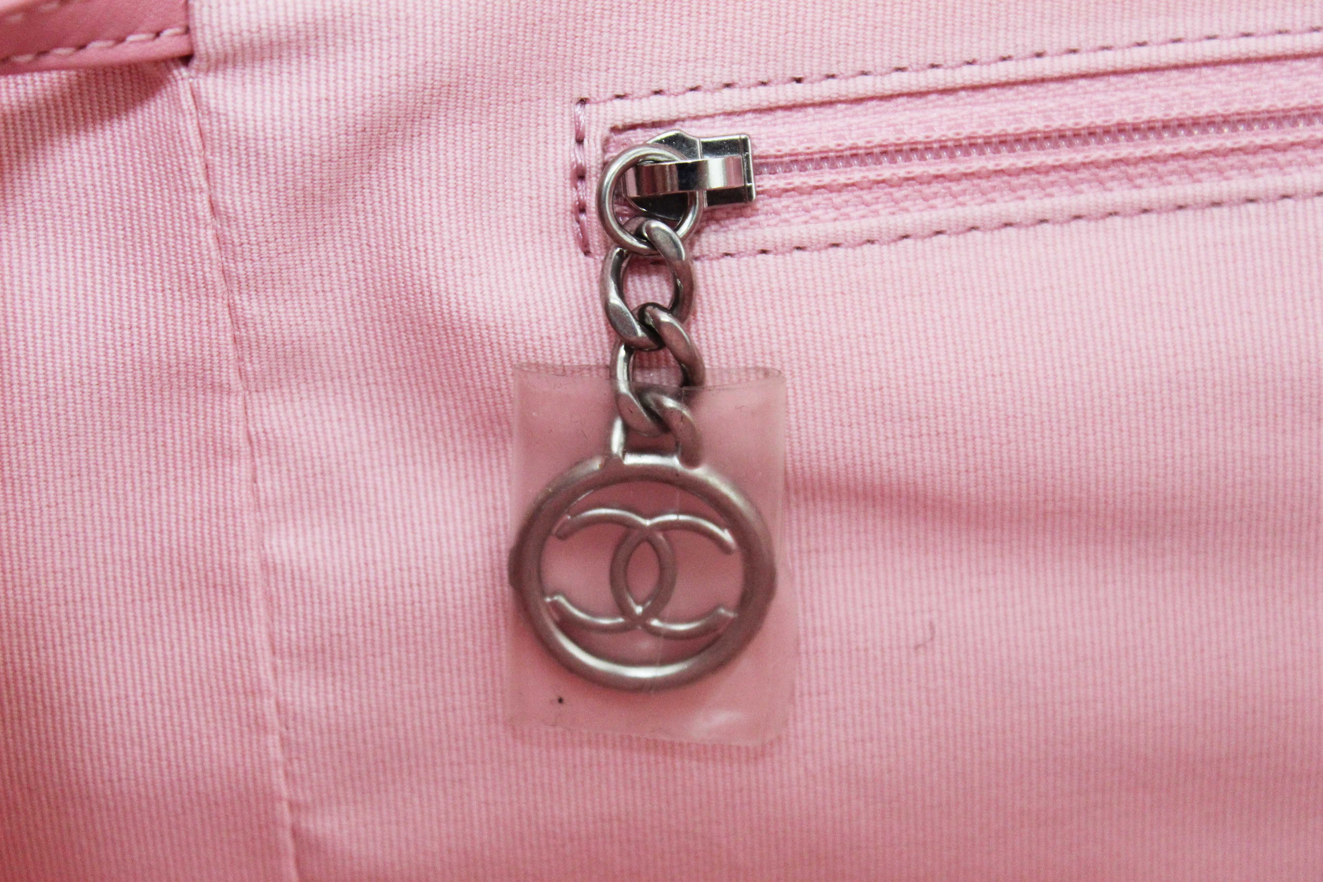 Authentic Chanel Pink Pinstripe Canvas Medium Deauville Shopping Tote