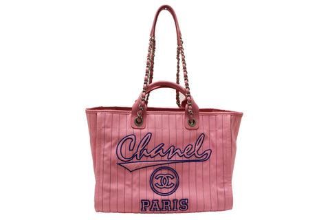 Authentic Chanel Pink Pinstripe Canvas Medium Deauville Shopping Tote