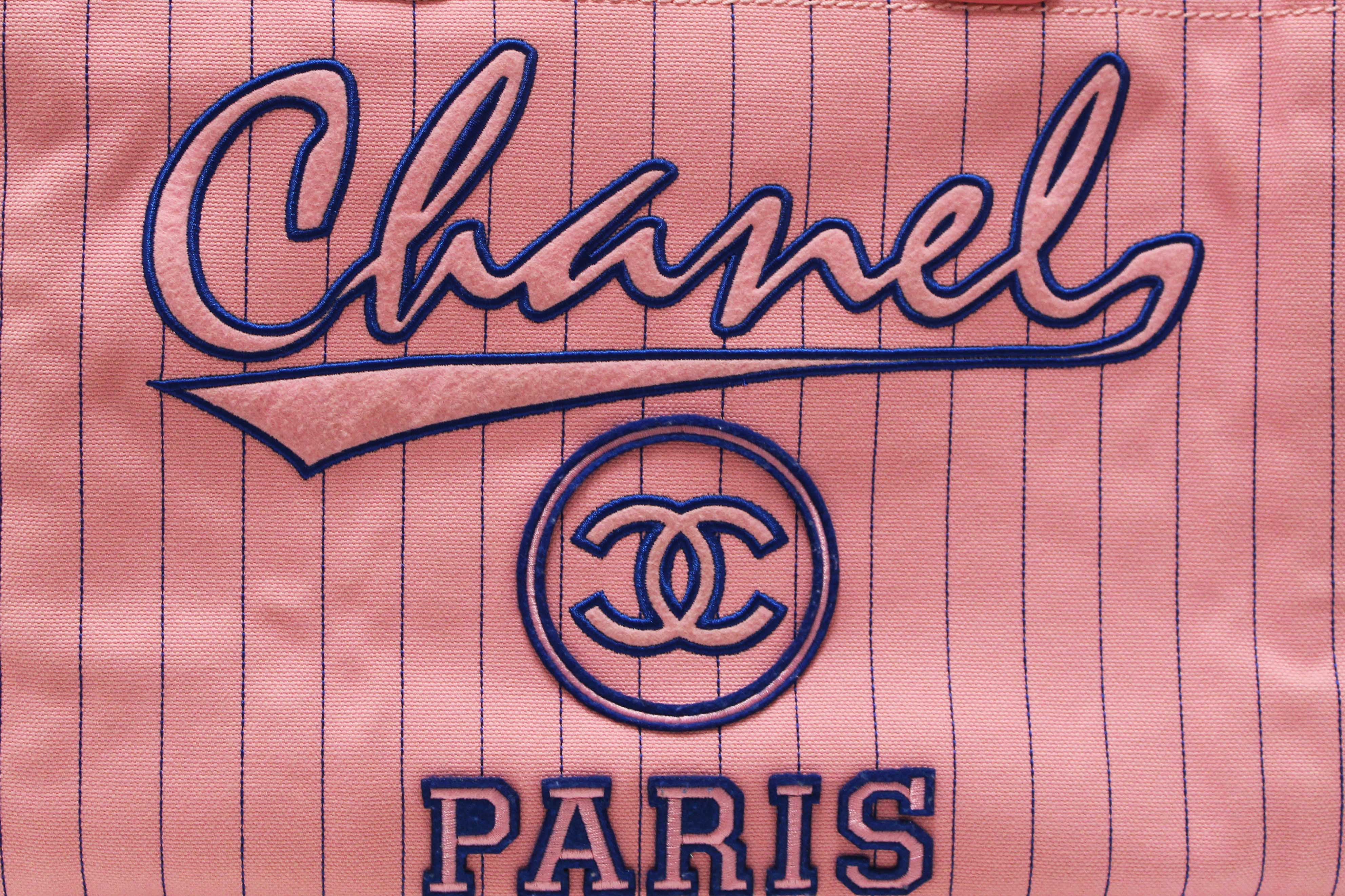 Authentic Chanel Pink Pinstripe Canvas Medium Deauville Shopping Tote