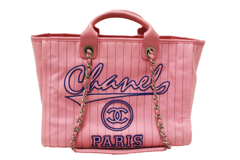 Authentic Chanel Pink Pinstripe Canvas Medium Deauville Shopping Tote