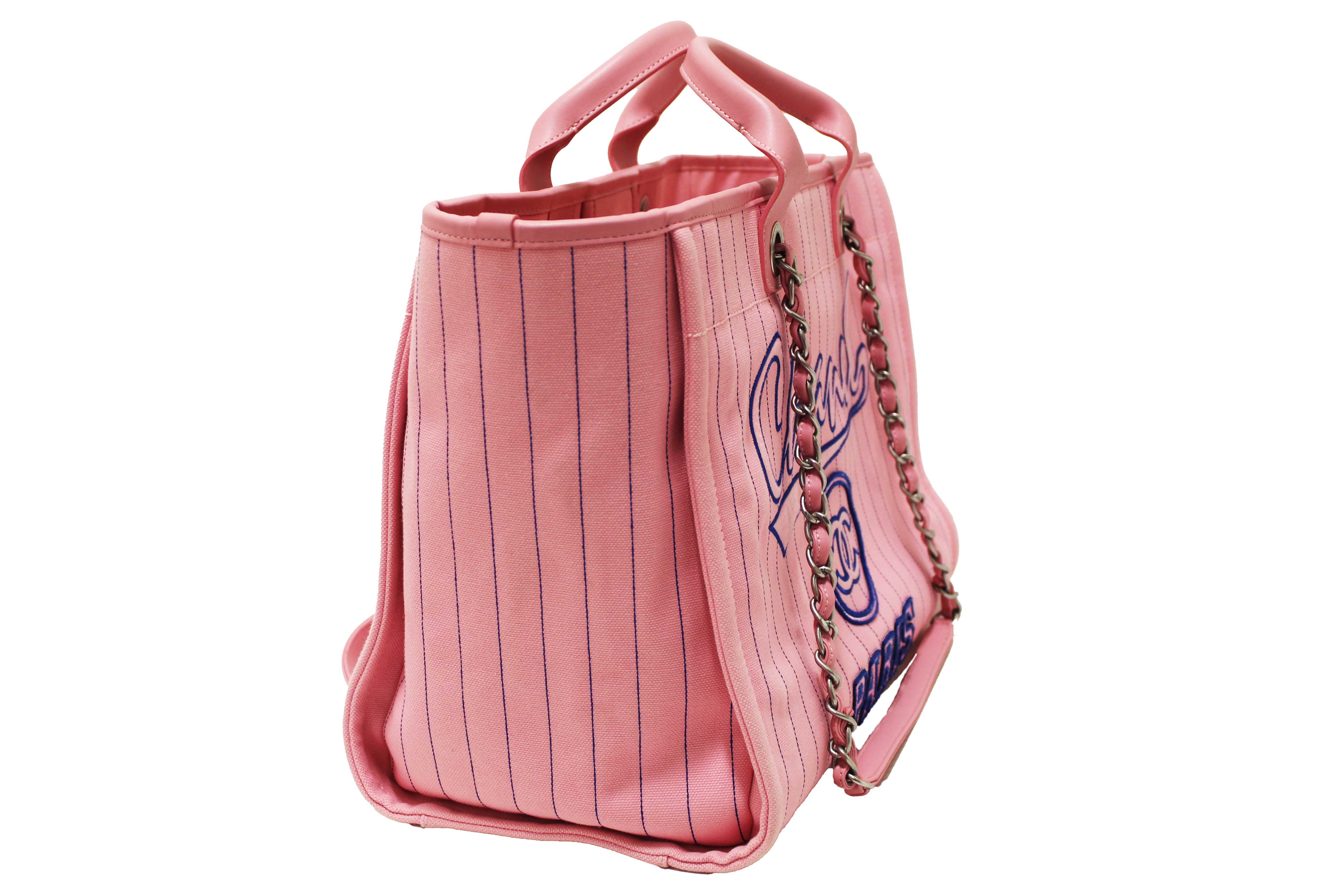 Authentic Chanel Pink Pinstripe Canvas Medium Deauville Shopping Tote