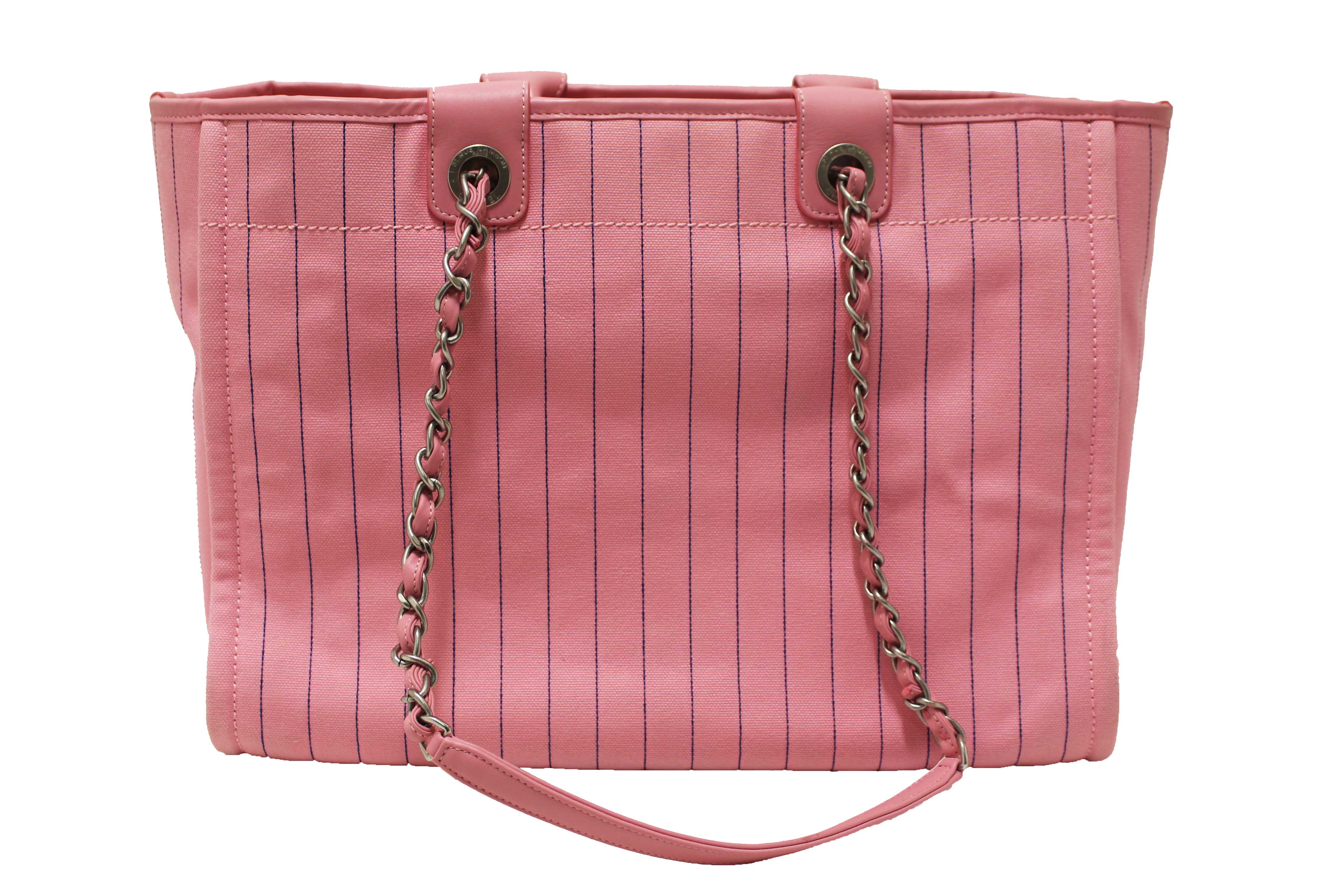Authentic Chanel Pink Pinstripe Canvas Medium Deauville Shopping Tote