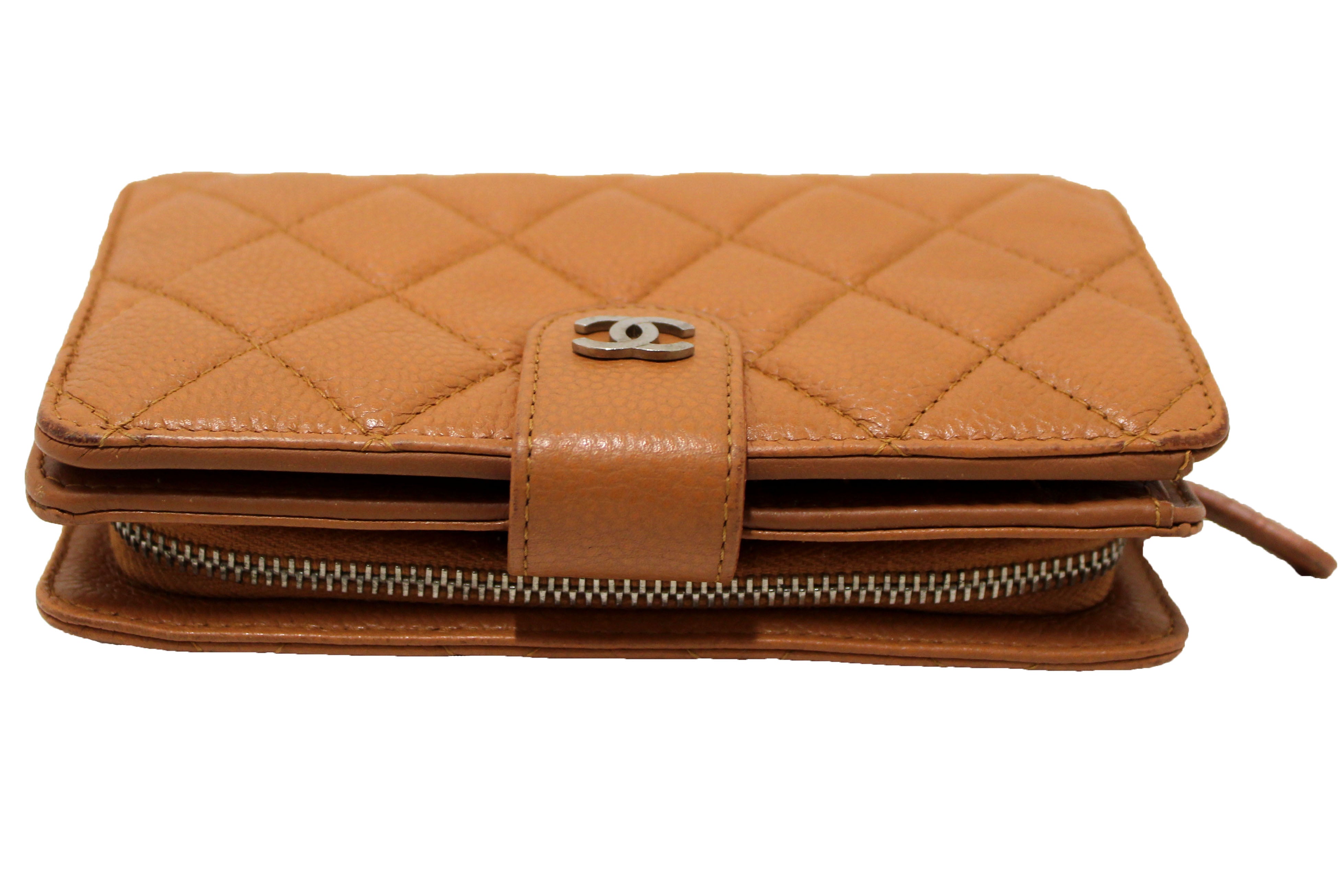 Authentic Chanel Vintage Brown Quilted Caviar Leather Bifold Wallet