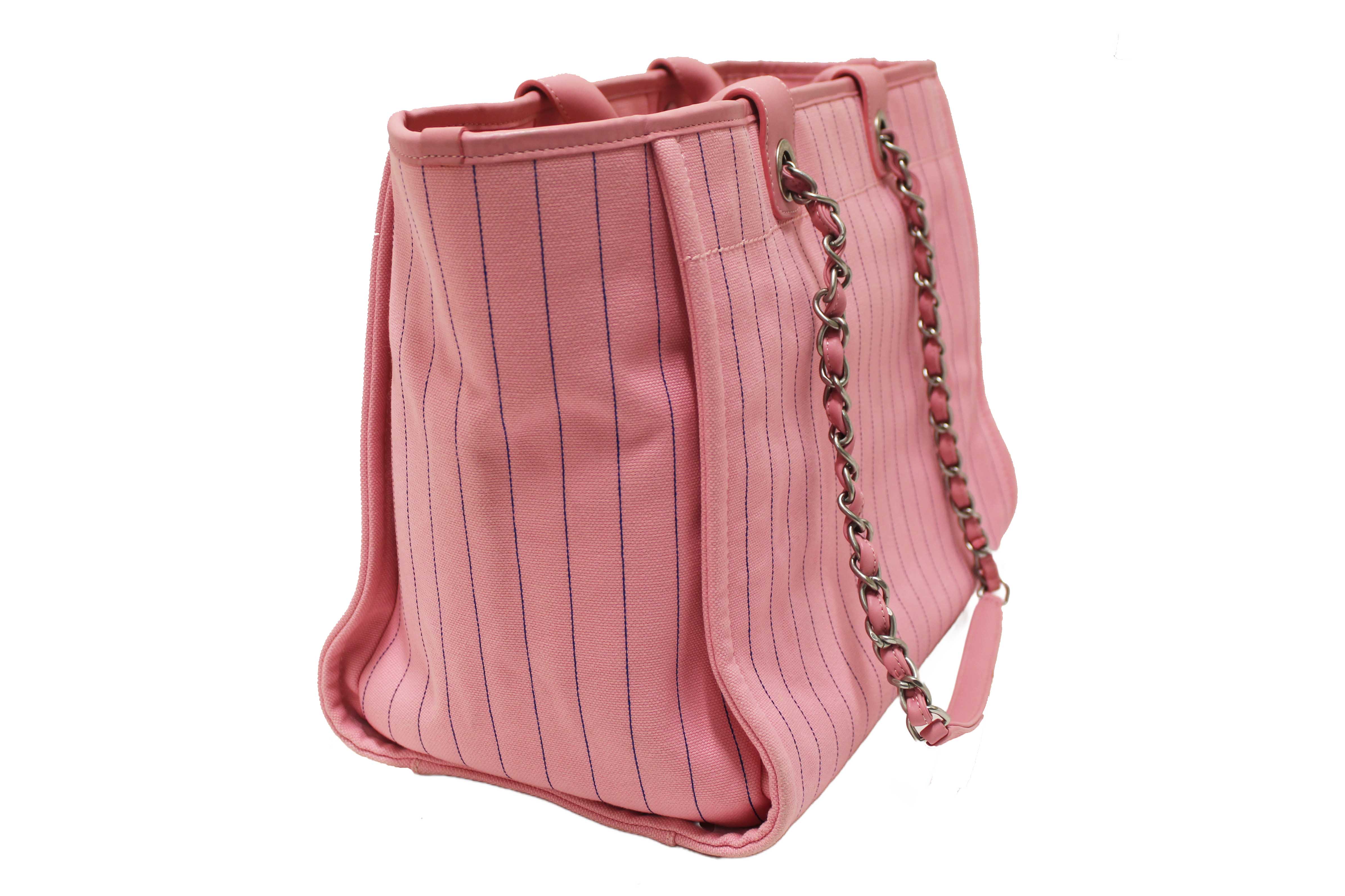 Authentic Chanel Pink Pinstripe Canvas Medium Deauville Shopping Tote