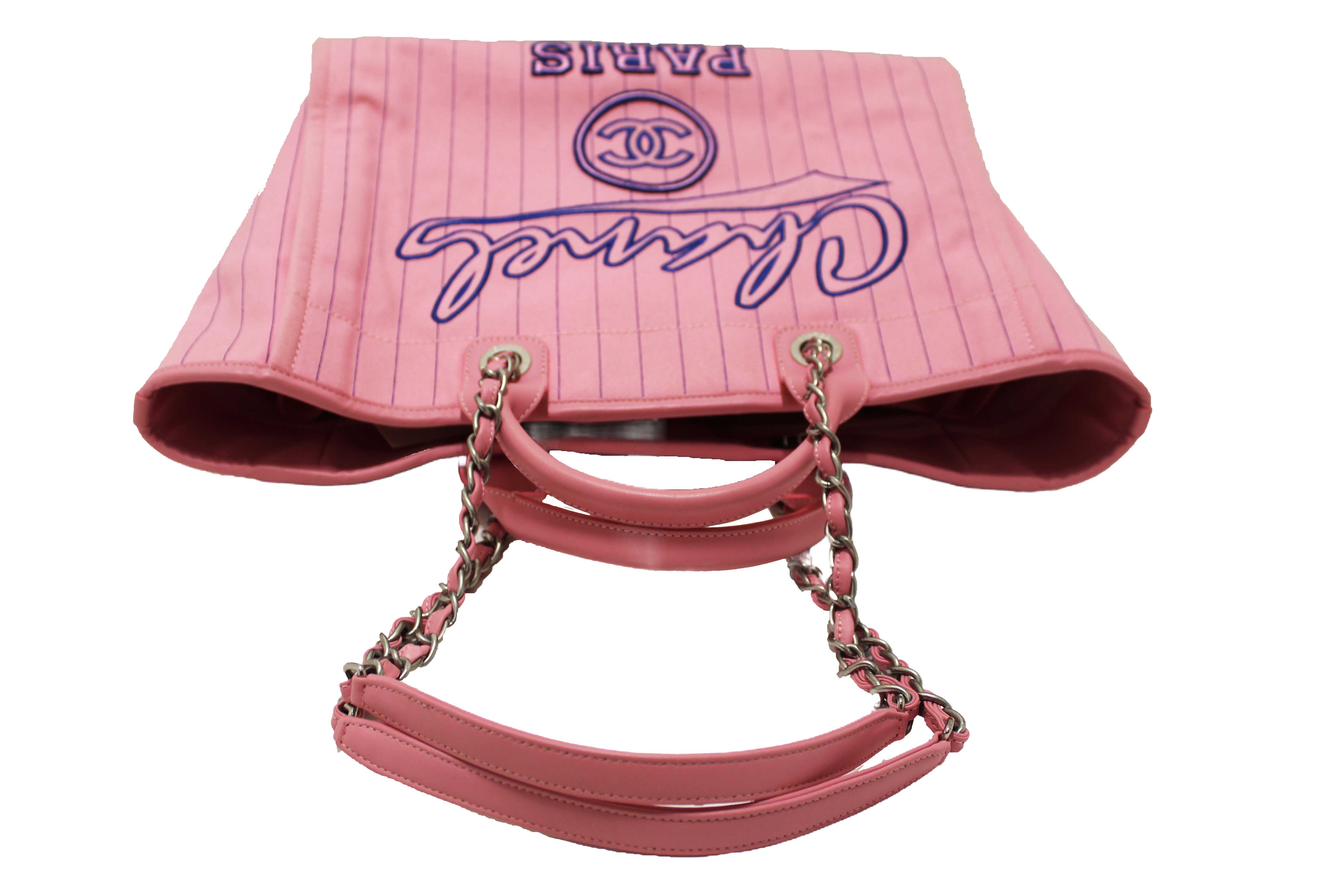 Authentic Chanel Pink Pinstripe Canvas Medium Deauville Shopping Tote