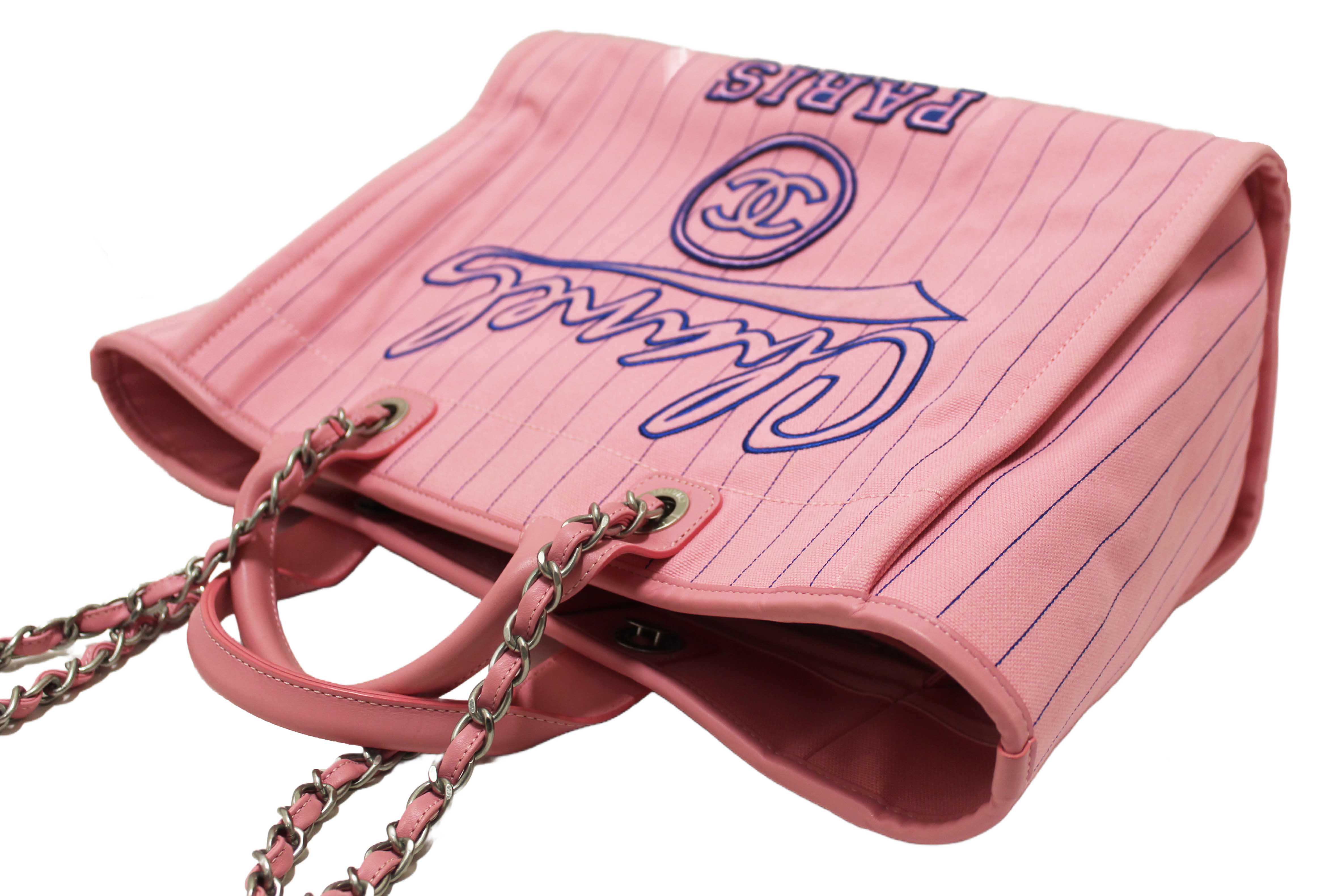 Authentic Chanel Pink Pinstripe Canvas Medium Deauville Shopping Tote