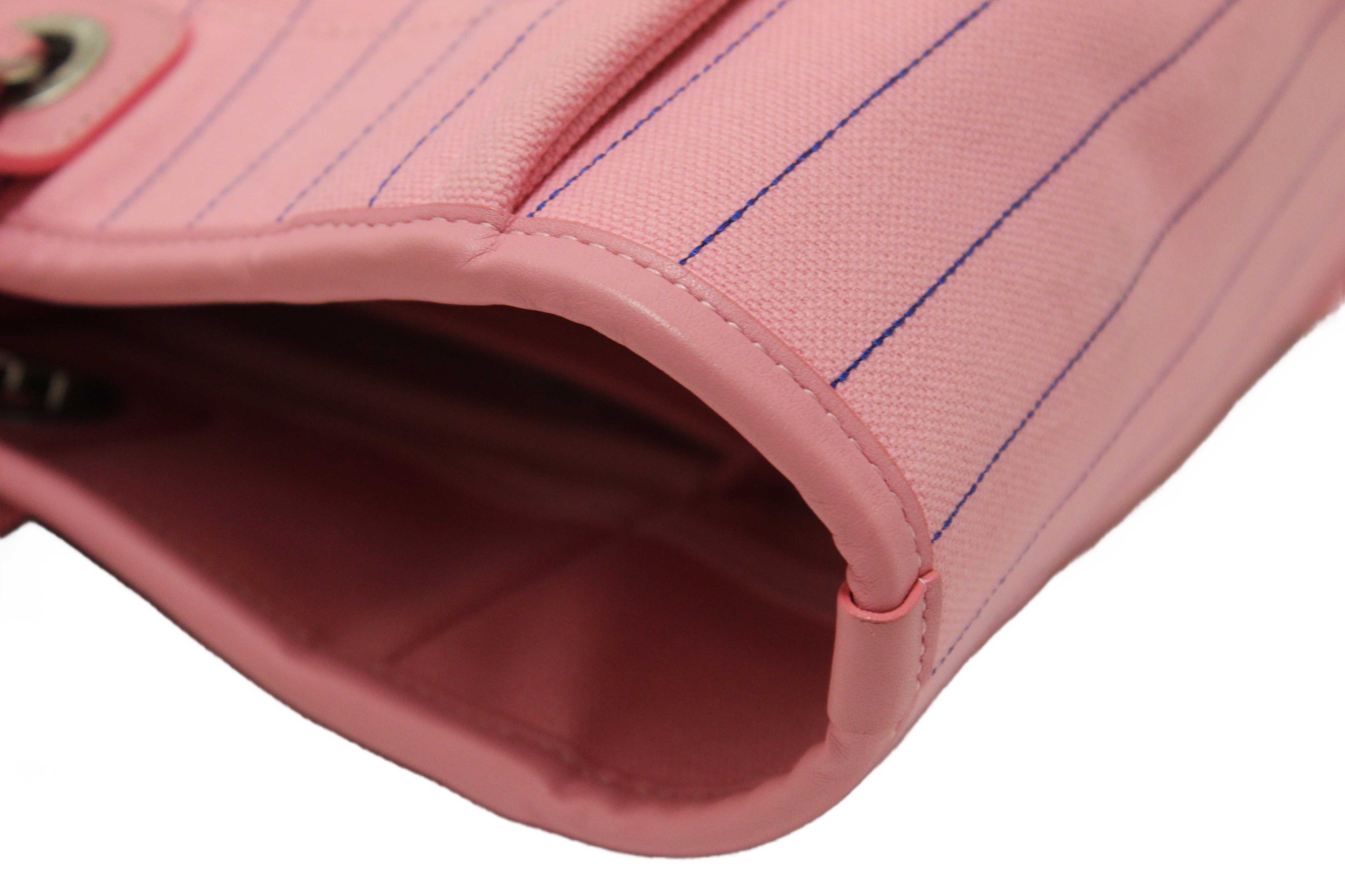 Authentic Chanel Pink Pinstripe Canvas Medium Deauville Shopping Tote