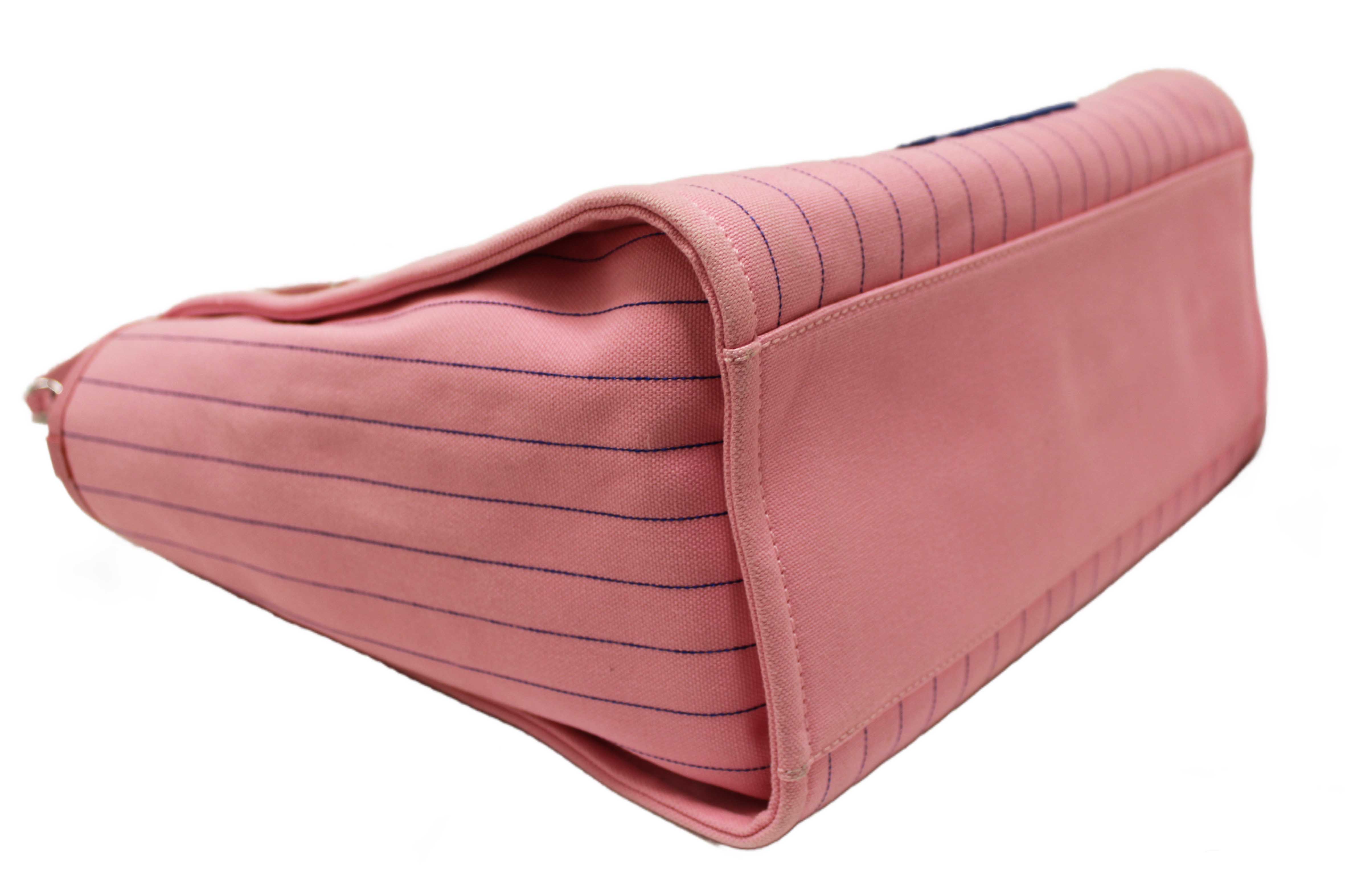 Authentic Chanel Pink Pinstripe Canvas Medium Deauville Shopping Tote
