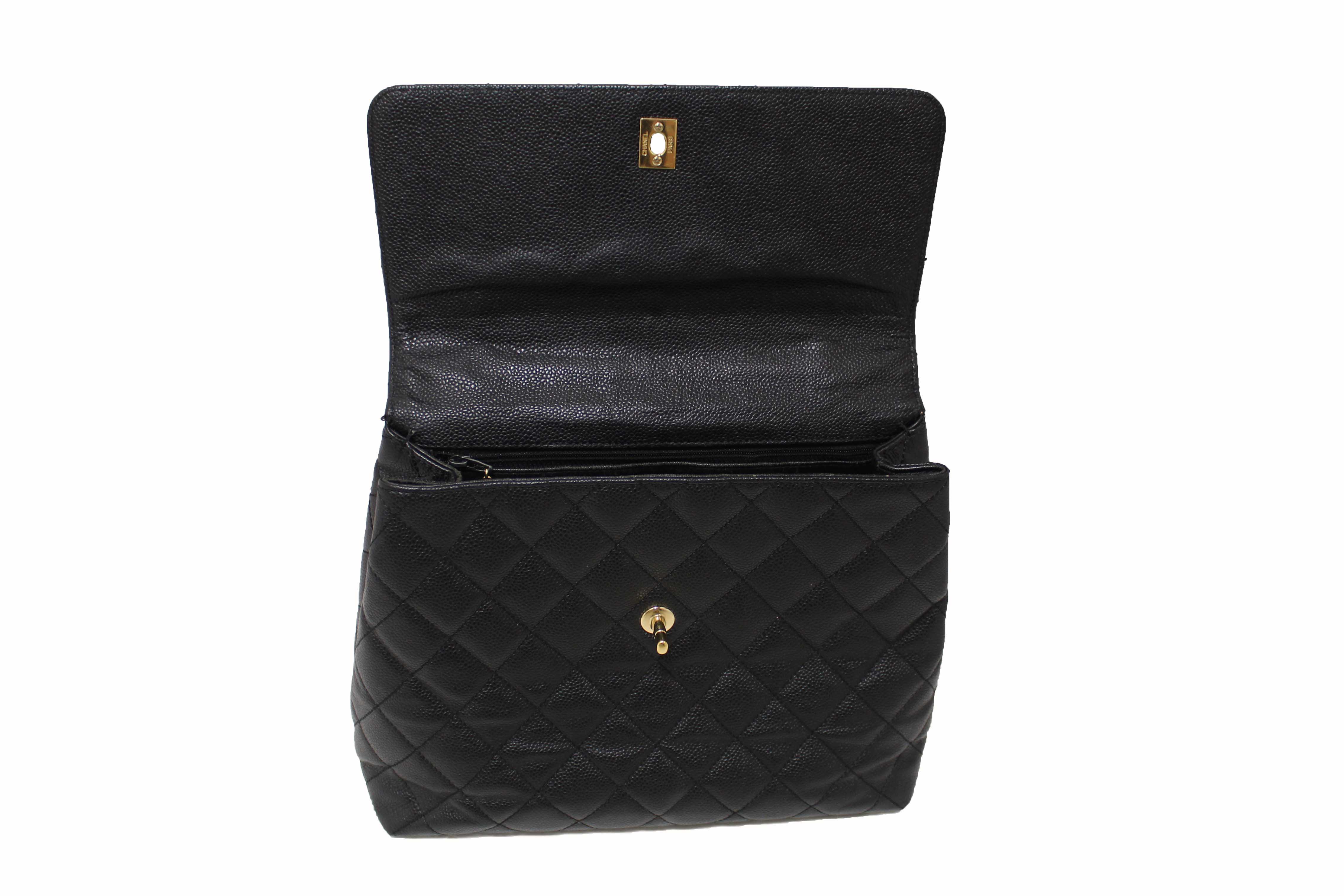 Authentic Chanel Vintage Black Quilted Caviar Leather Kelly Coco Top Handle Bag