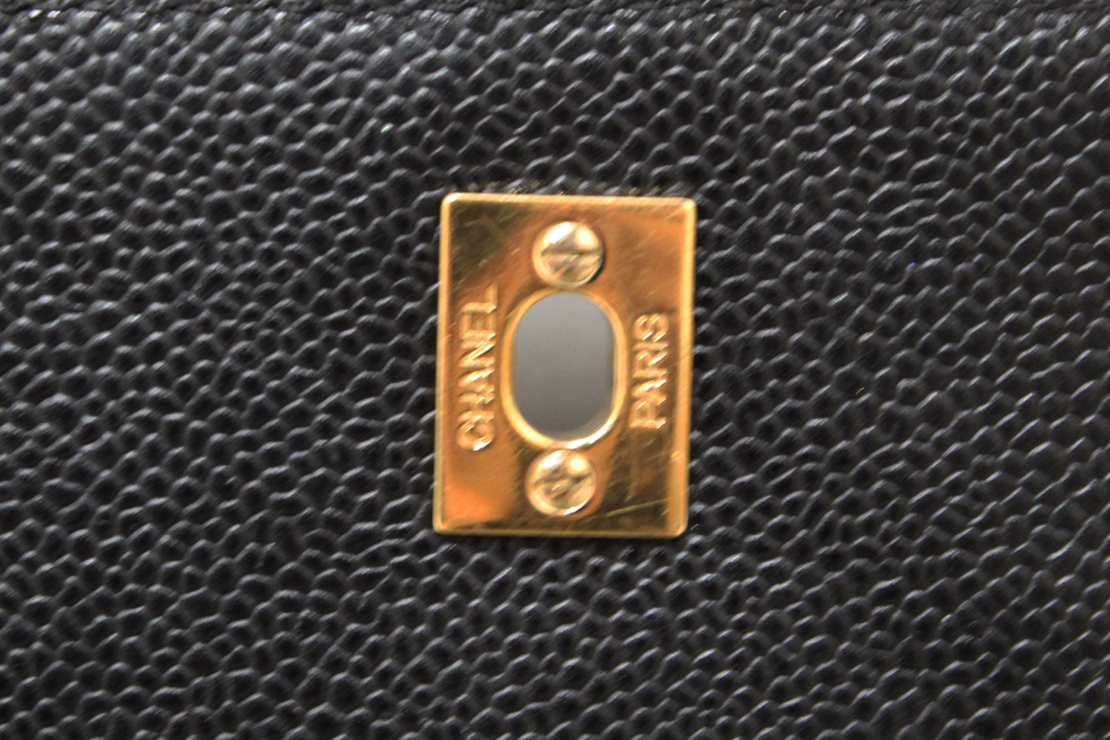 Authentic Chanel Vintage Black Quilted Caviar Leather Kelly Coco Top Handle Bag