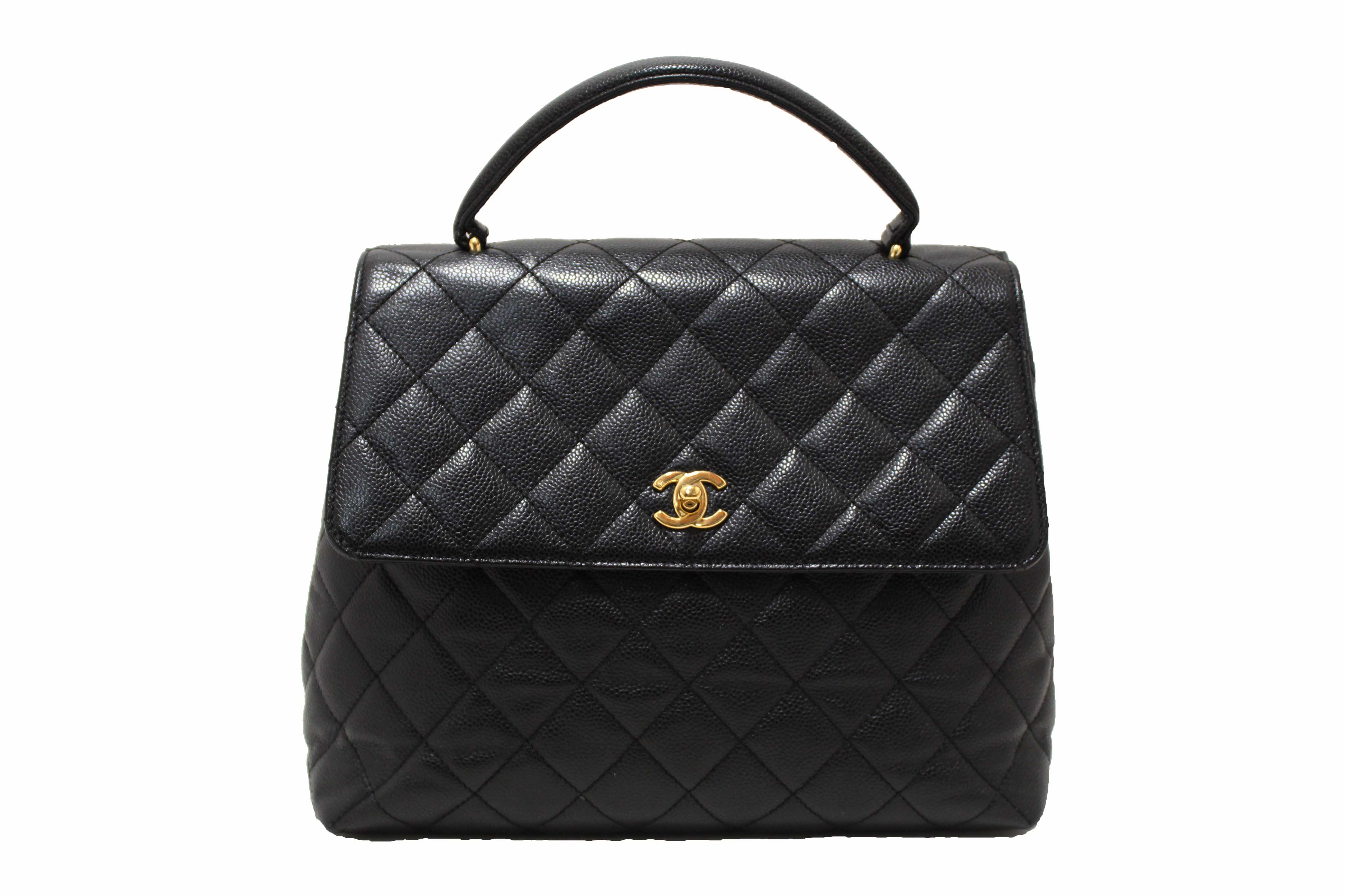 Authentic Chanel Vintage Black Quilted Caviar Leather Kelly Coco Top Handle Bag
