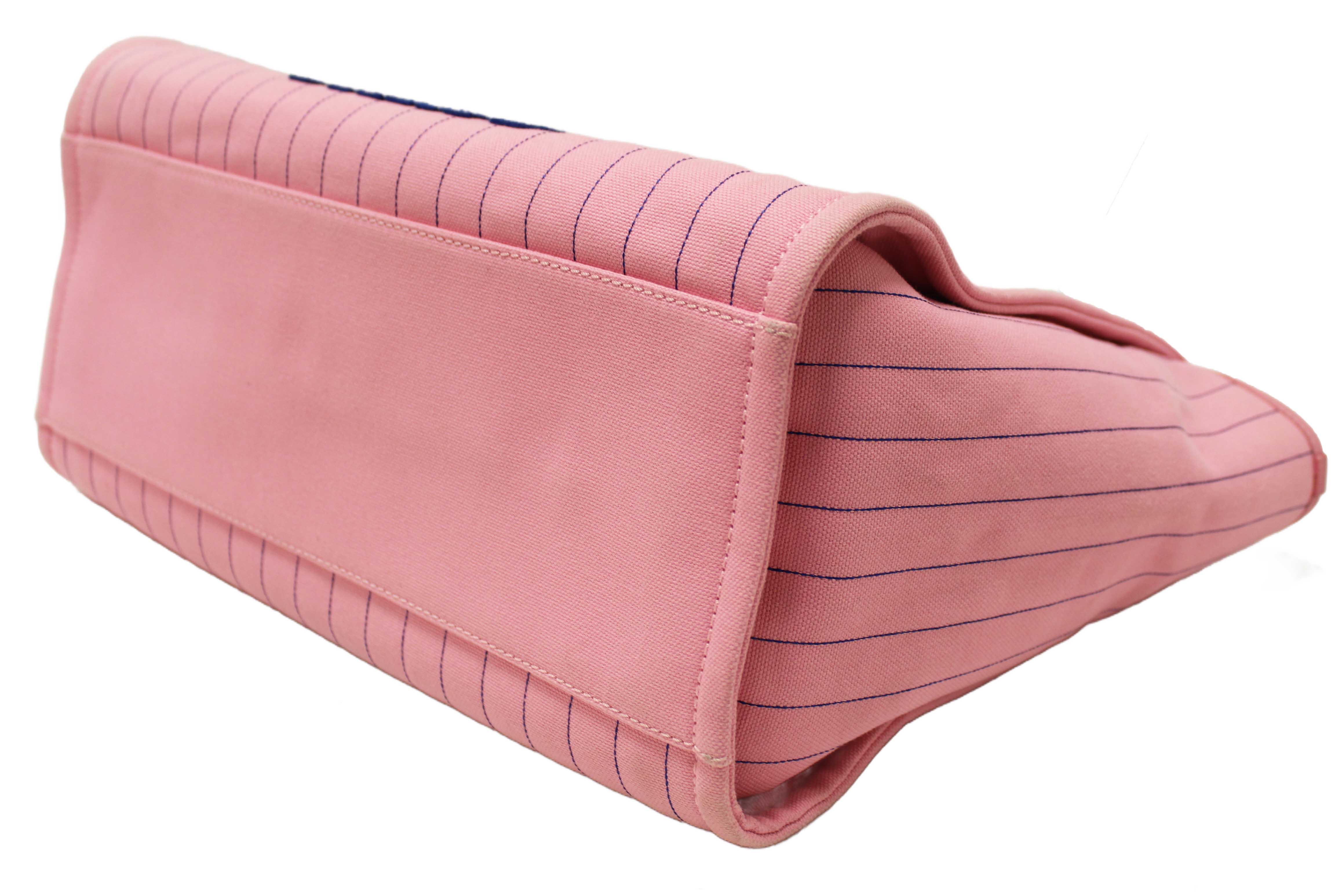 Authentic Chanel Pink Pinstripe Canvas Medium Deauville Shopping Tote