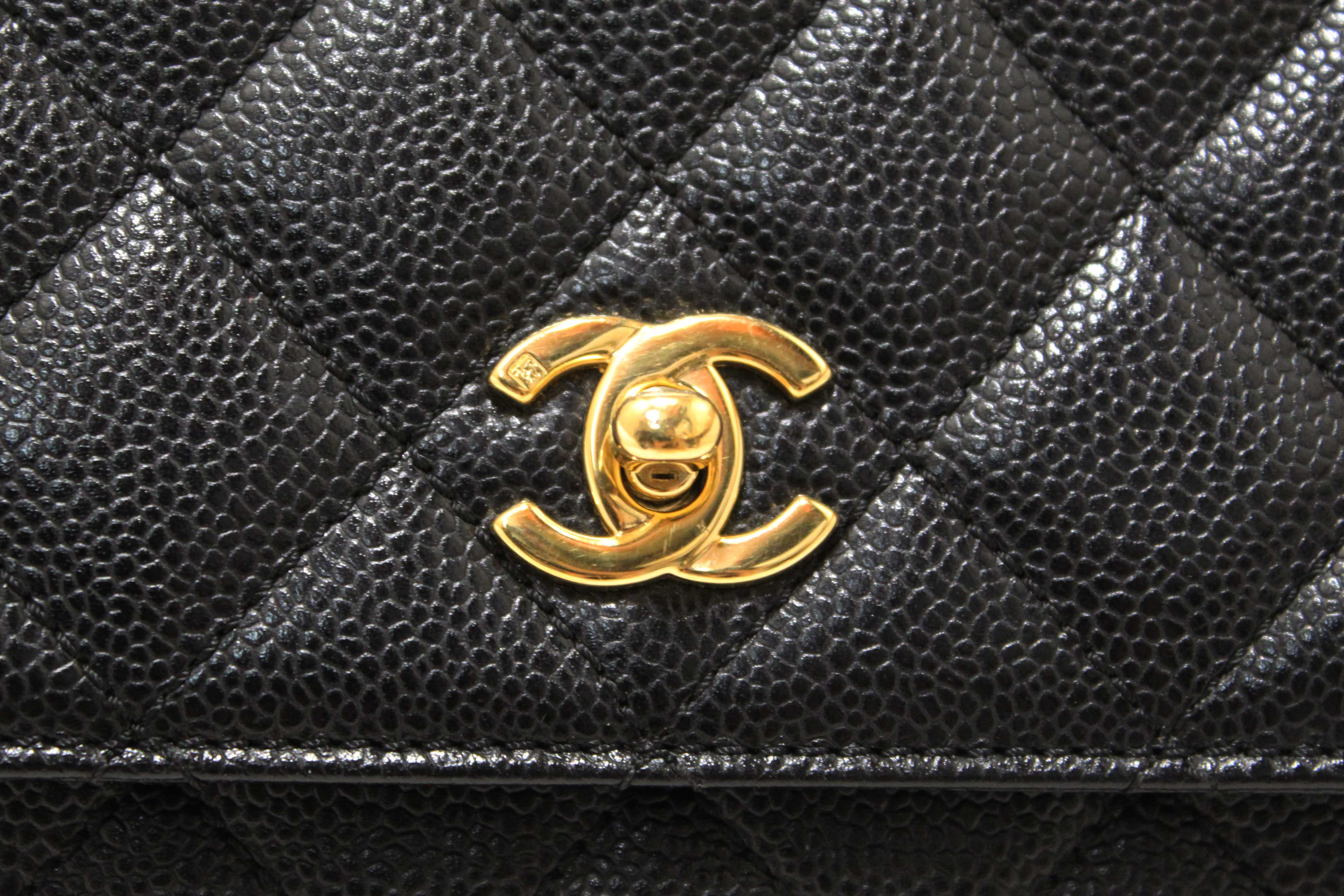 Authentic Chanel Vintage Black Quilted Caviar Leather Kelly Coco Top Handle Bag