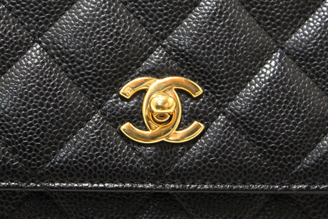 Authentic Chanel Vintage Black Quilted Caviar Leather Kelly Coco Top Handle Bag