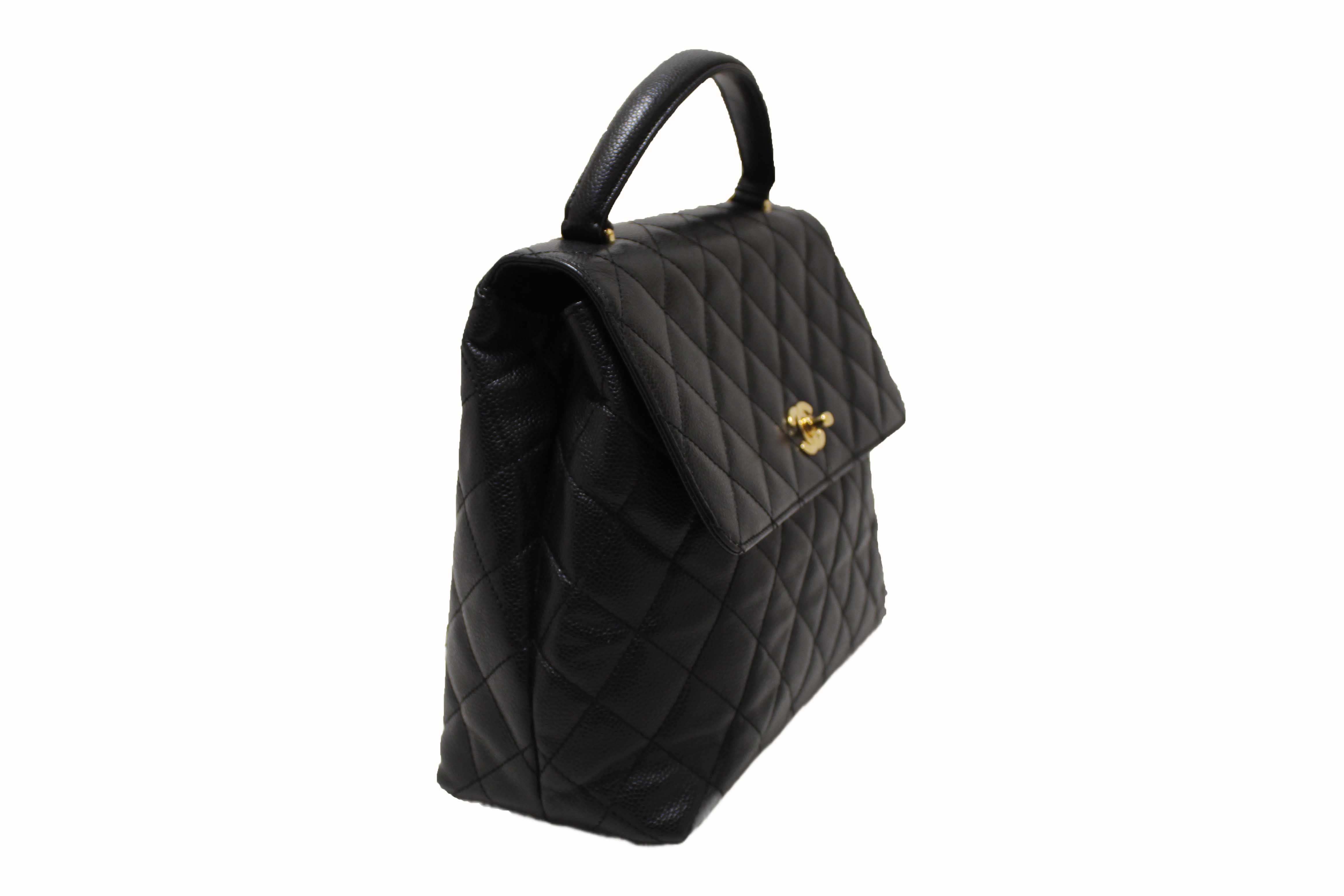 Authentic Chanel Vintage Black Quilted Caviar Leather Kelly Coco Top Handle Bag