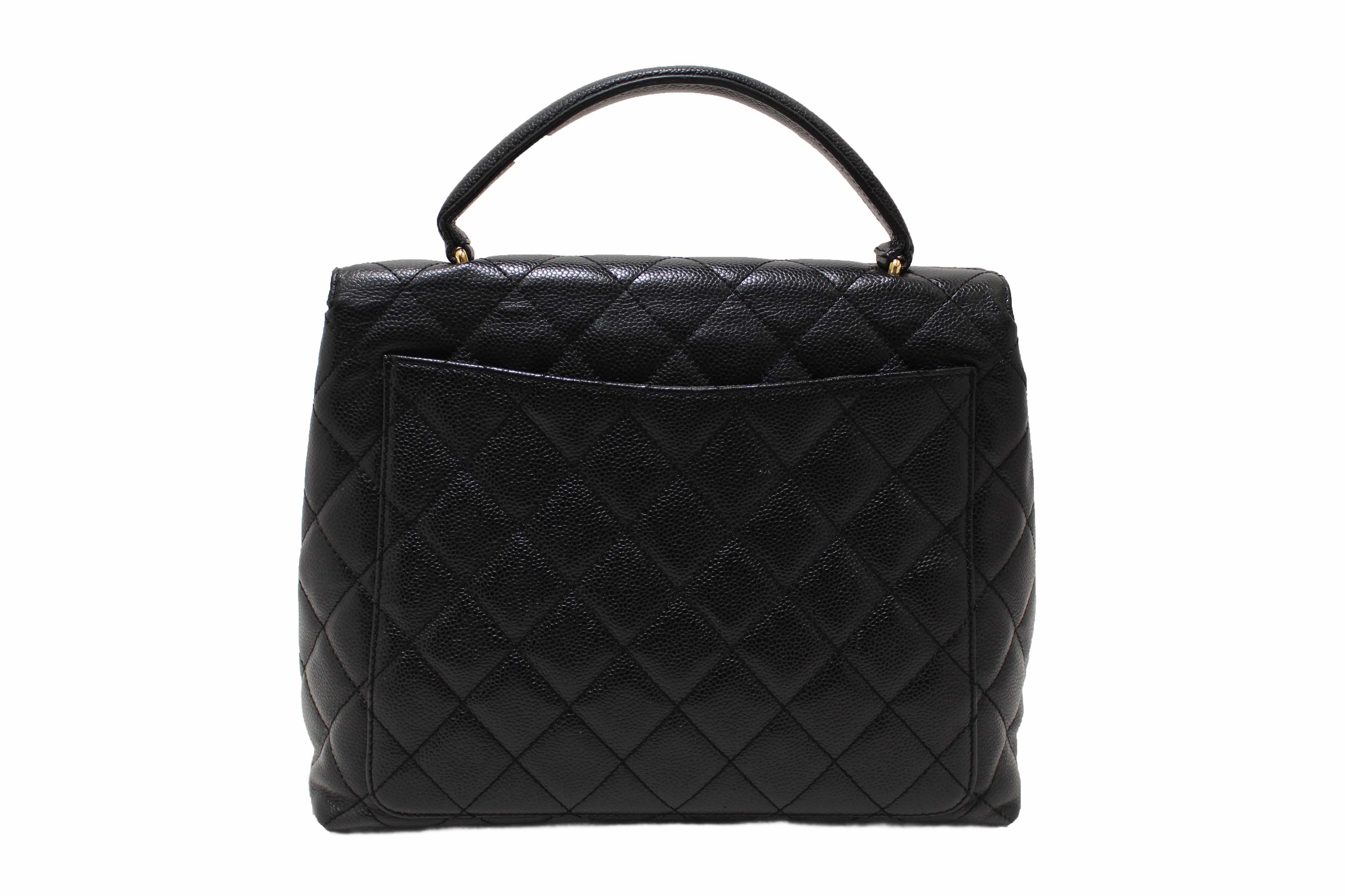 Authentic Chanel Vintage Black Quilted Caviar Leather Kelly Coco Top Handle Bag