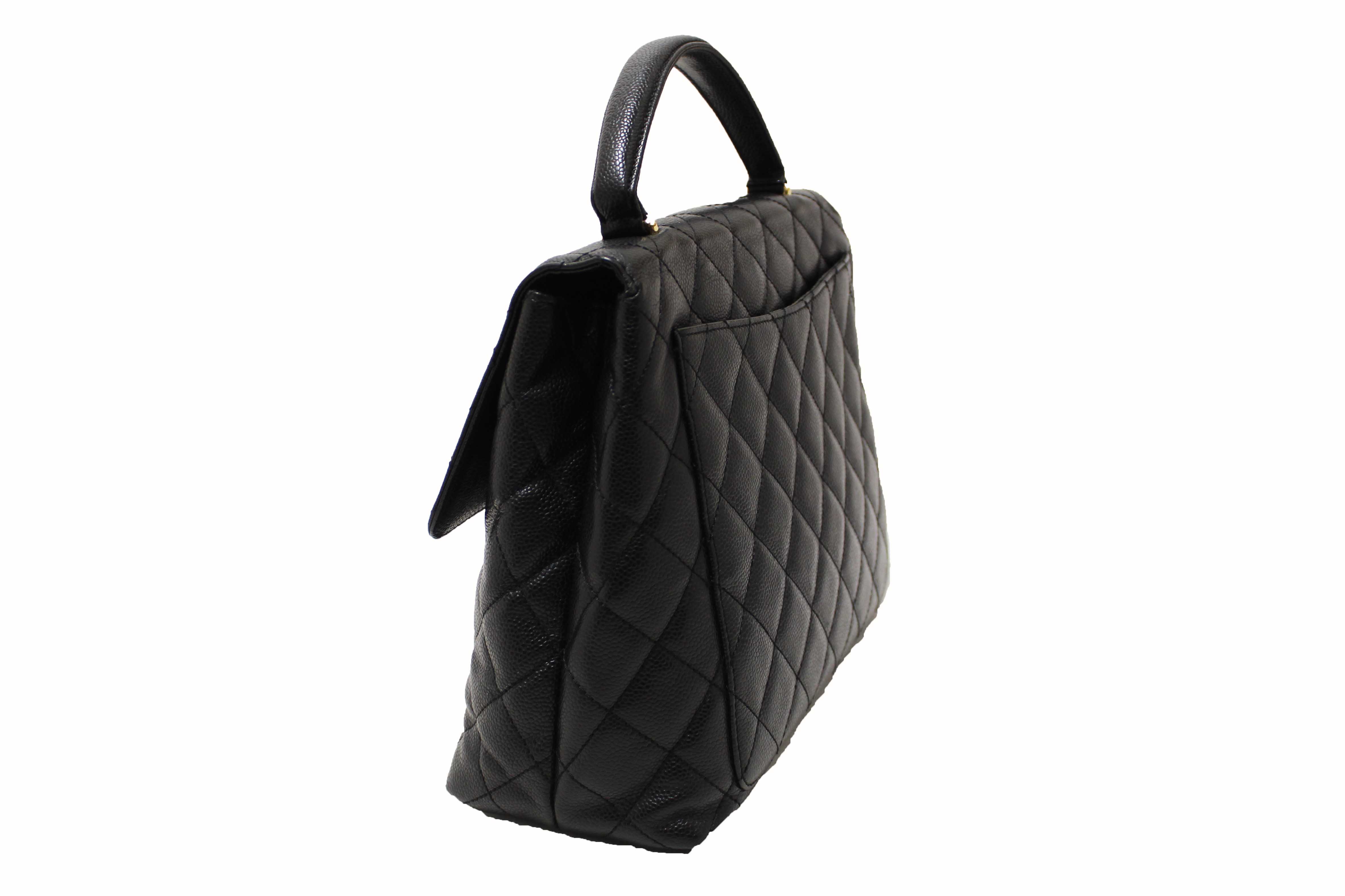 Authentic Chanel Vintage Black Quilted Caviar Leather Kelly Coco Top Handle Bag