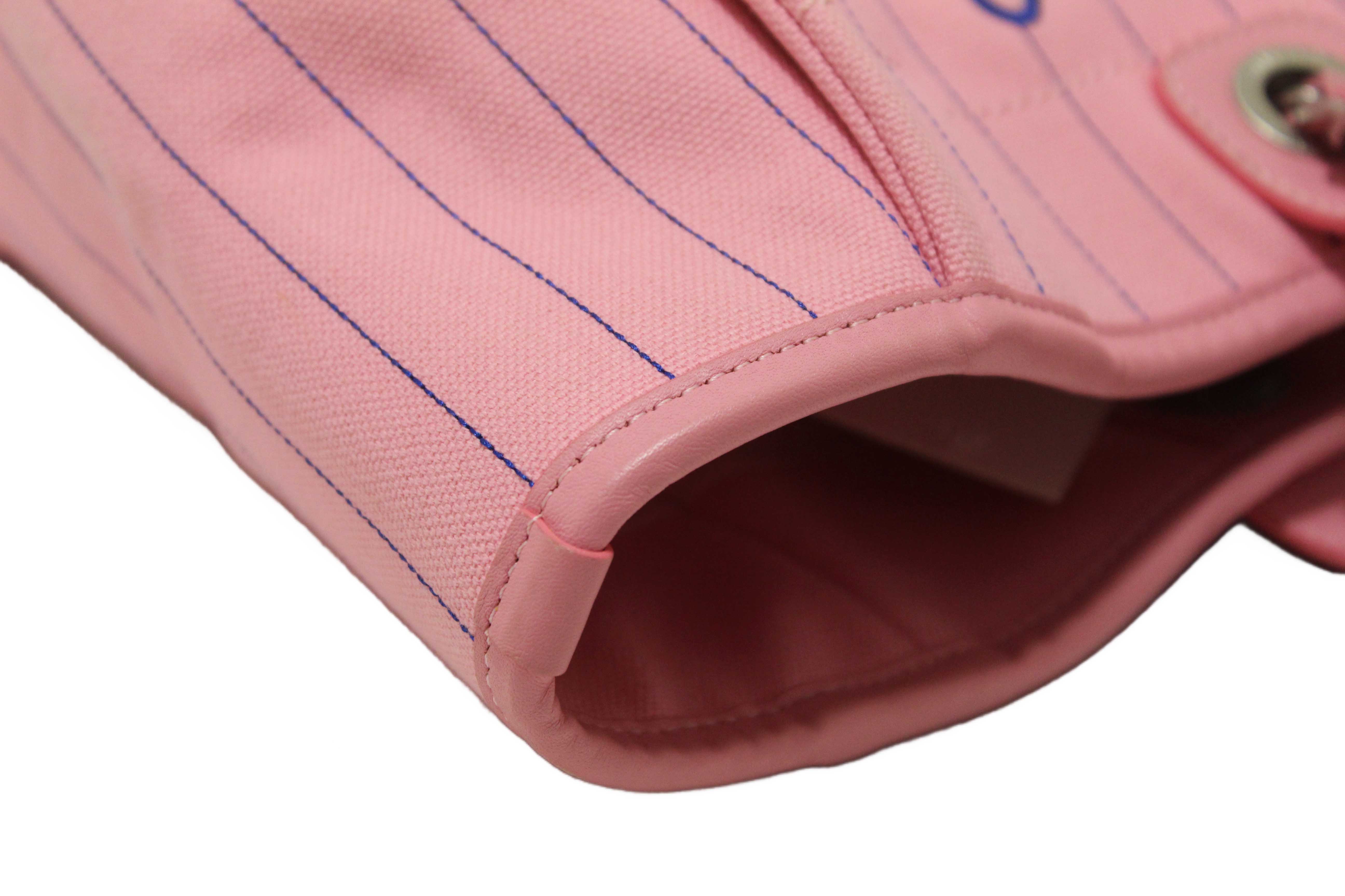 Authentic Chanel Pink Pinstripe Canvas Medium Deauville Shopping Tote