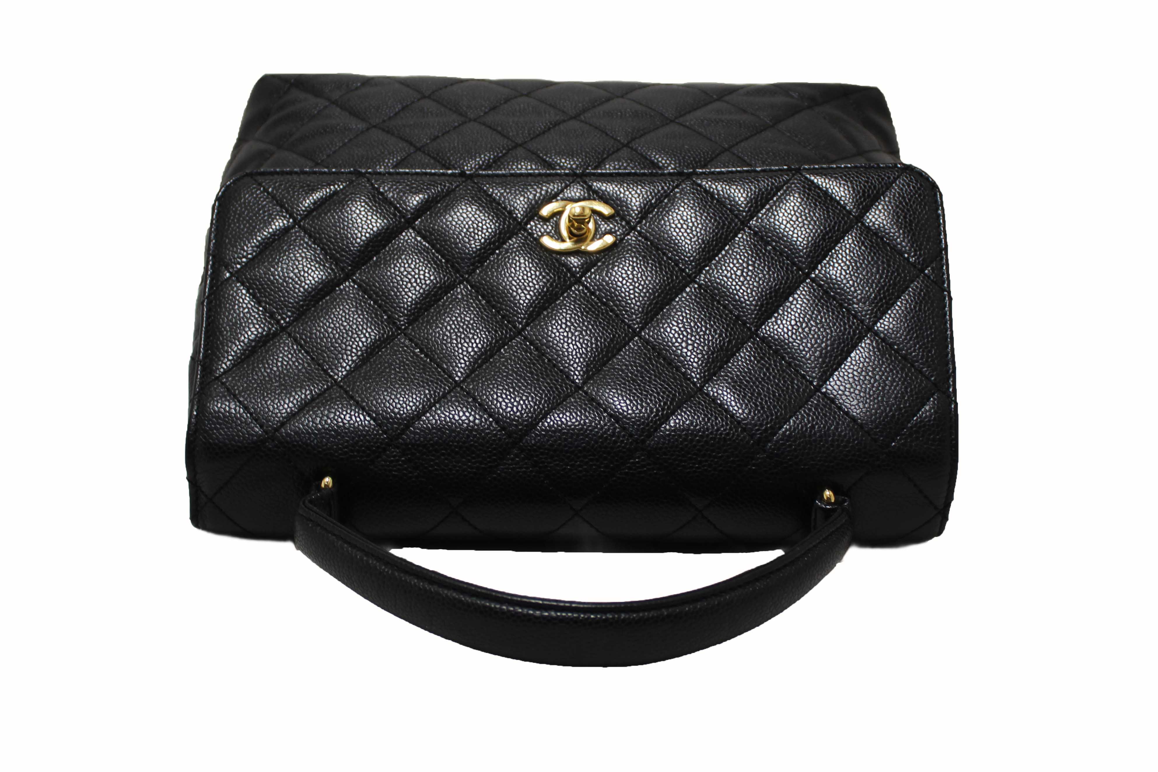 Authentic Chanel Vintage Black Quilted Caviar Leather Kelly Coco Top Handle Bag