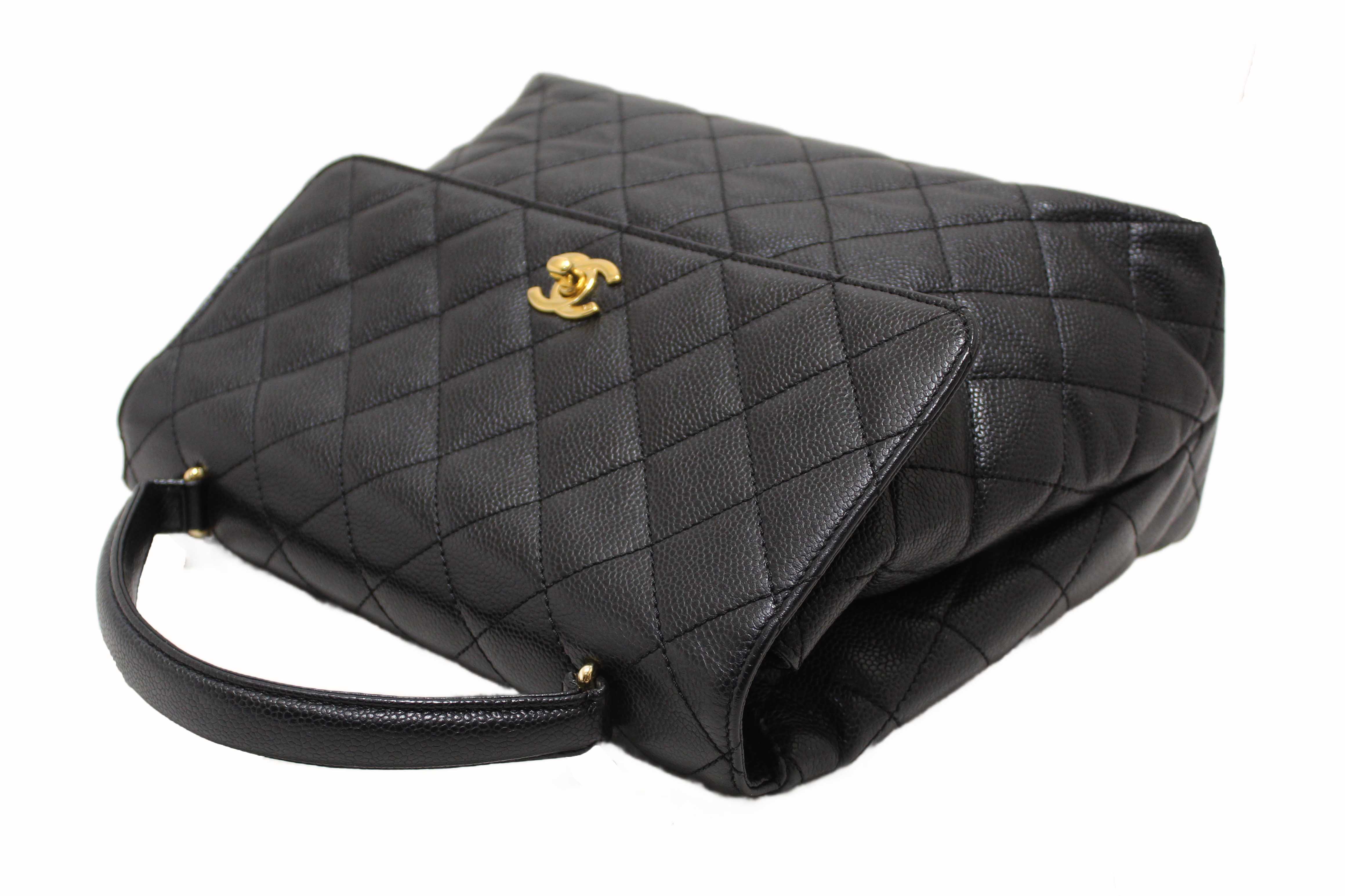 Authentic Chanel Vintage Black Quilted Caviar Leather Kelly Coco Top Handle Bag