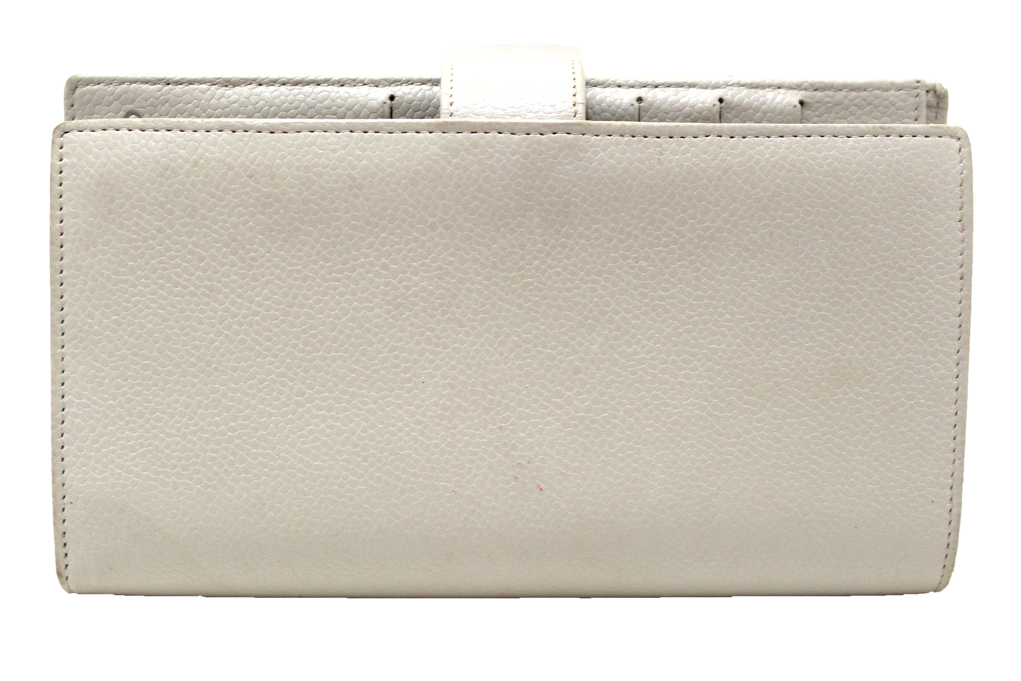 Authentic Chanel Vintage White Caviar CC Leather Classic Long Wallet