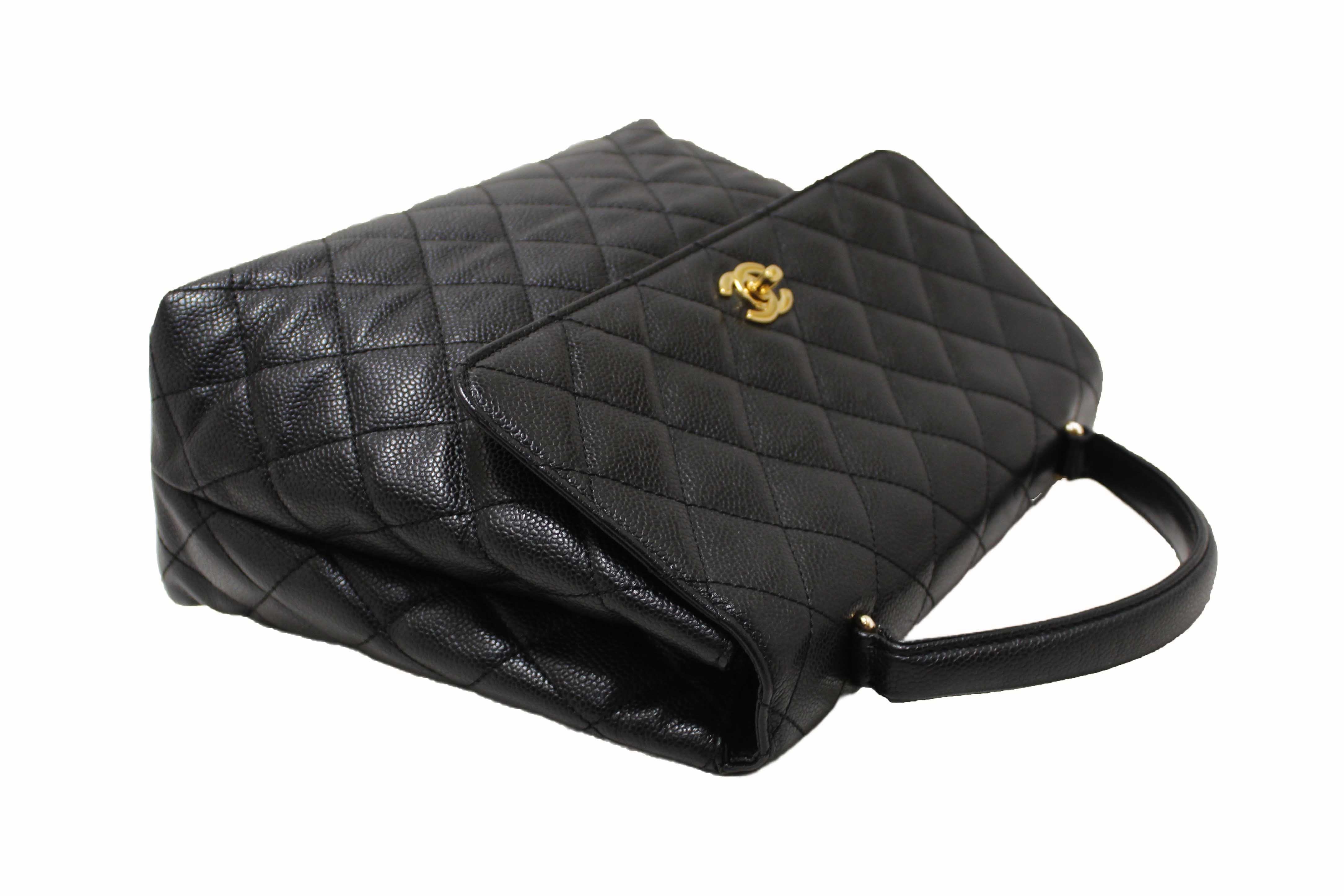 Authentic Chanel Vintage Black Quilted Caviar Leather Kelly Coco Top Handle Bag