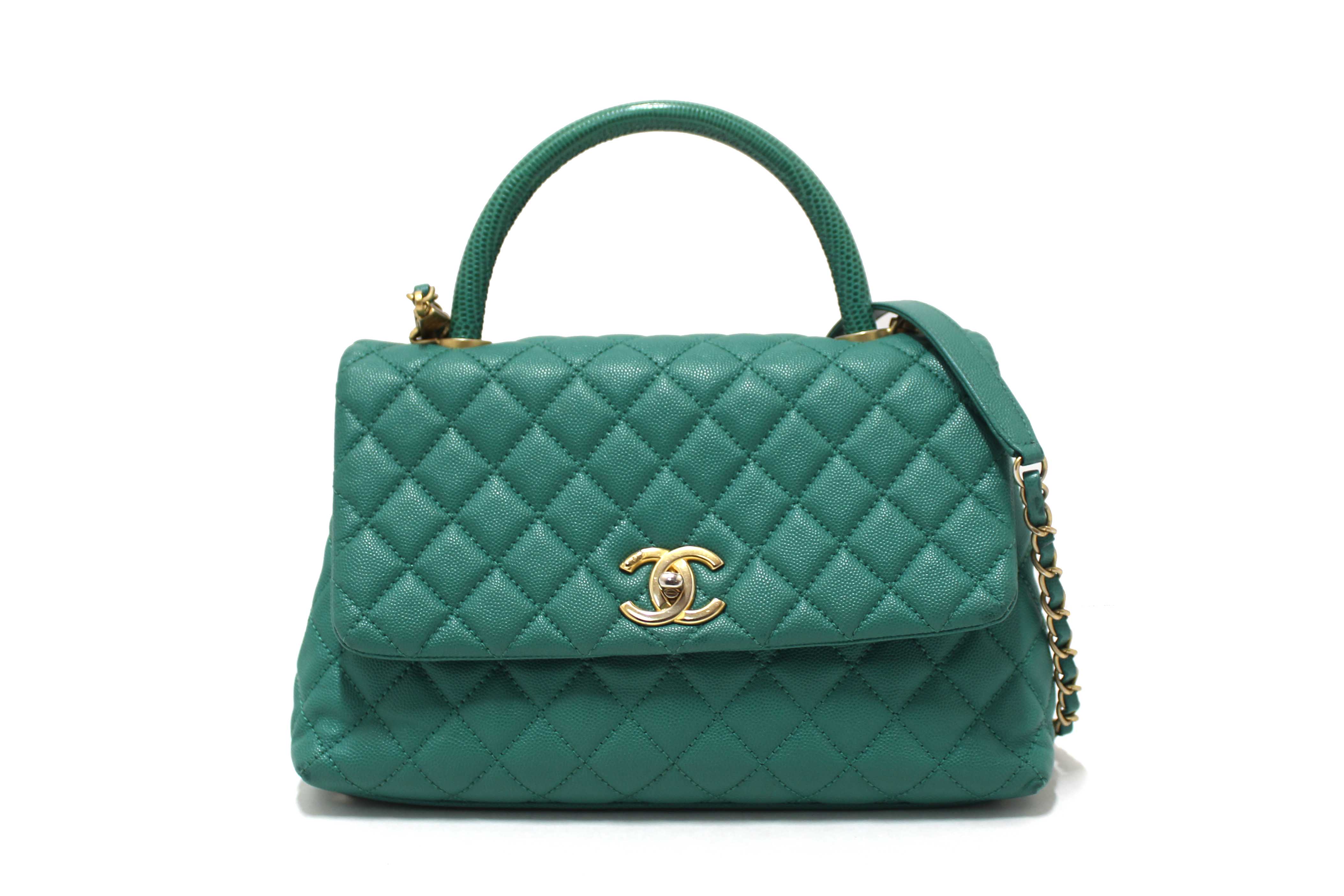 Authentic Chanel Green Quilted Caviar Leather Large CoCo Handle Flap Bag