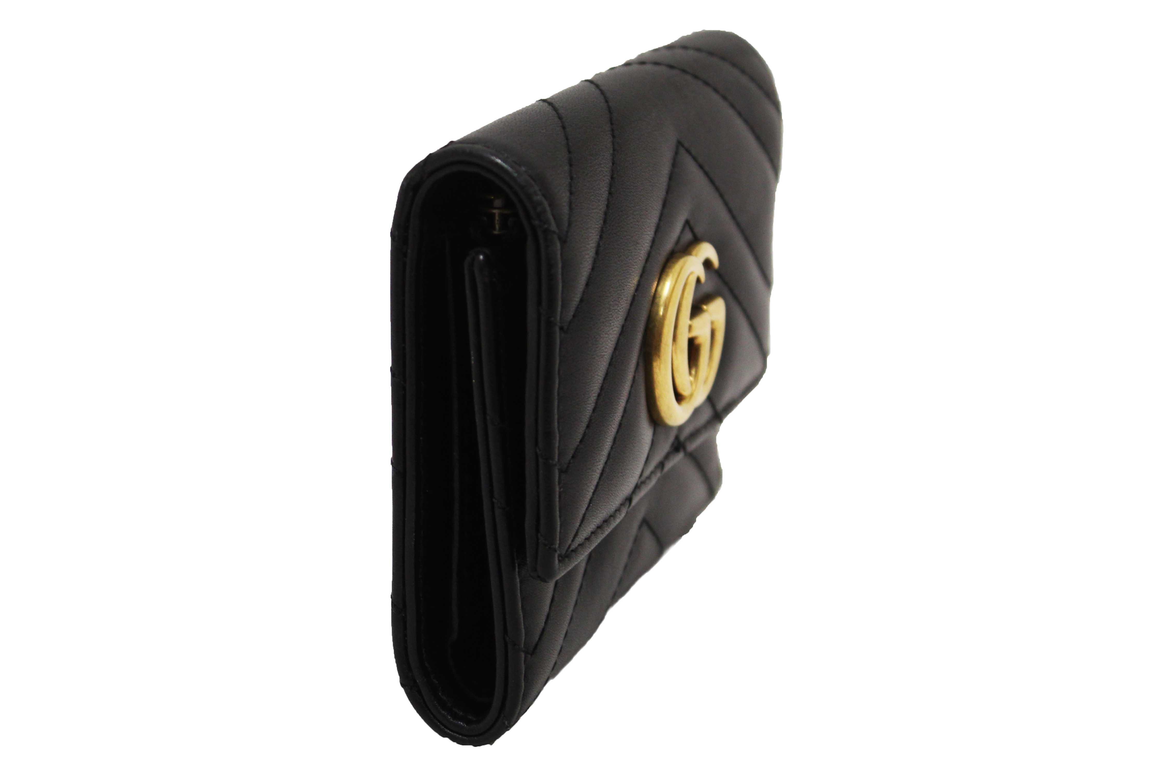 Authentic Gucci Black Marmont Chevron Leather Three Folded Wallet 474802 Wallet