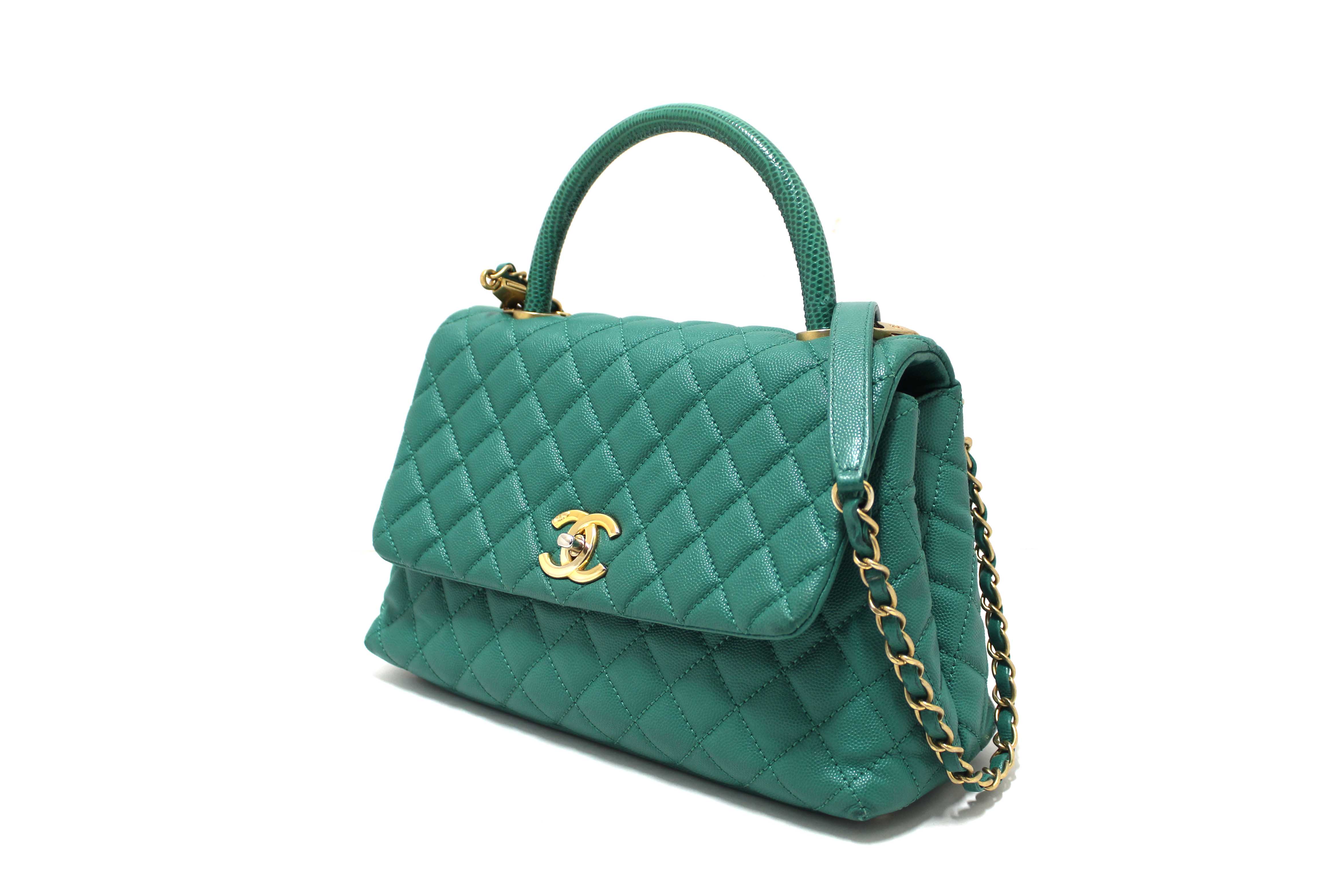 Authentic Chanel Green Quilted Caviar Leather Large CoCo Handle Flap Bag