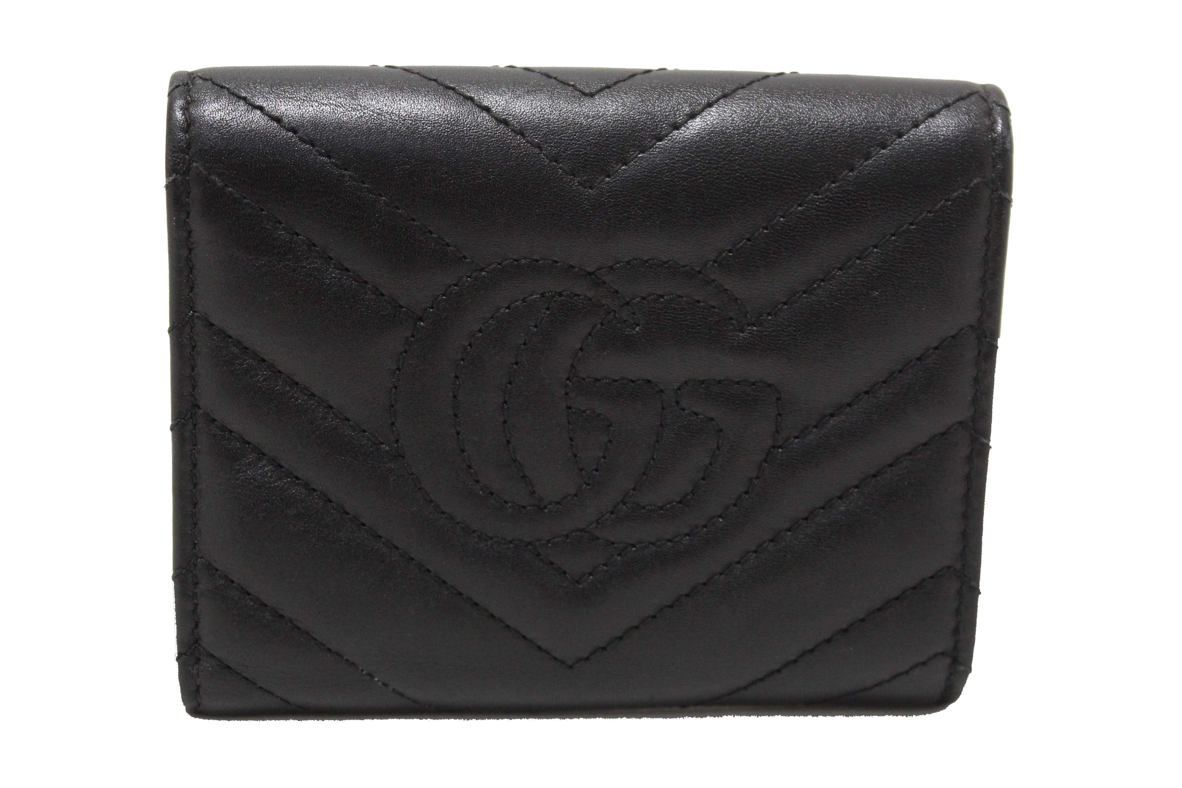 Authentic Gucci Black Marmont Chevron Leather Three Folded Wallet 474802 Wallet