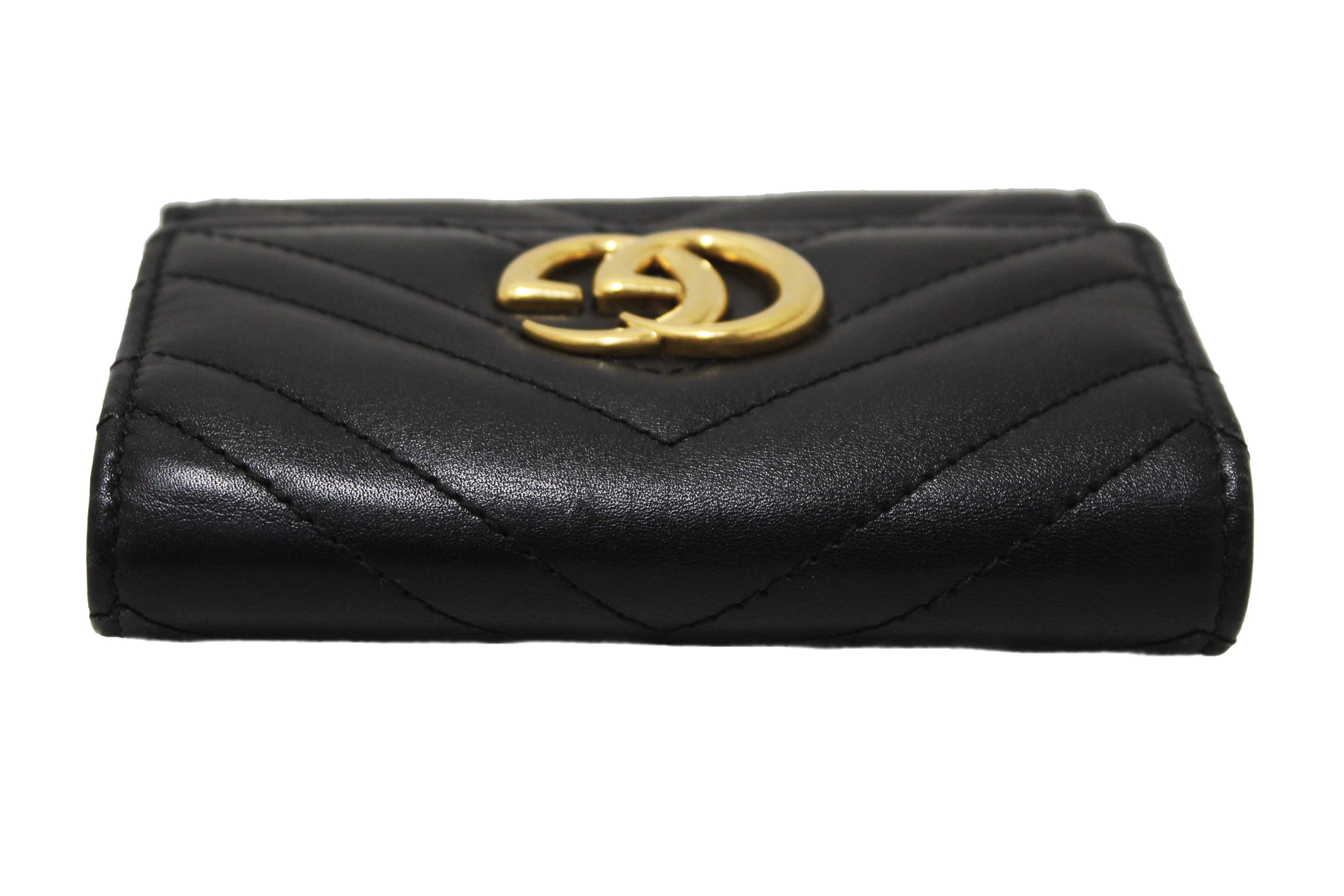 Authentic Gucci Black Marmont Chevron Leather Three Folded Wallet 474802 Wallet