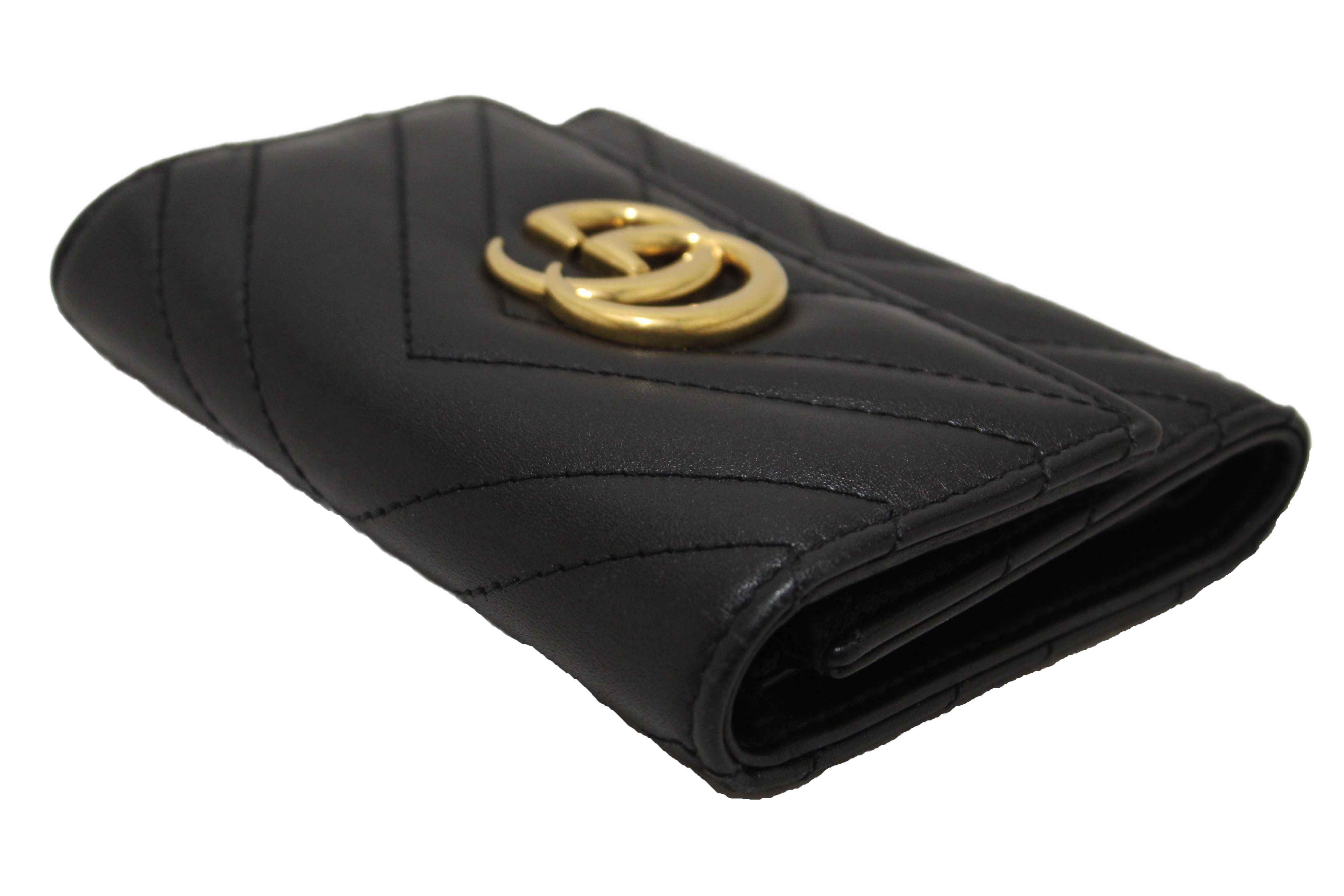 Authentic Gucci Black Marmont Chevron Leather Three Folded Wallet 474802 Wallet
