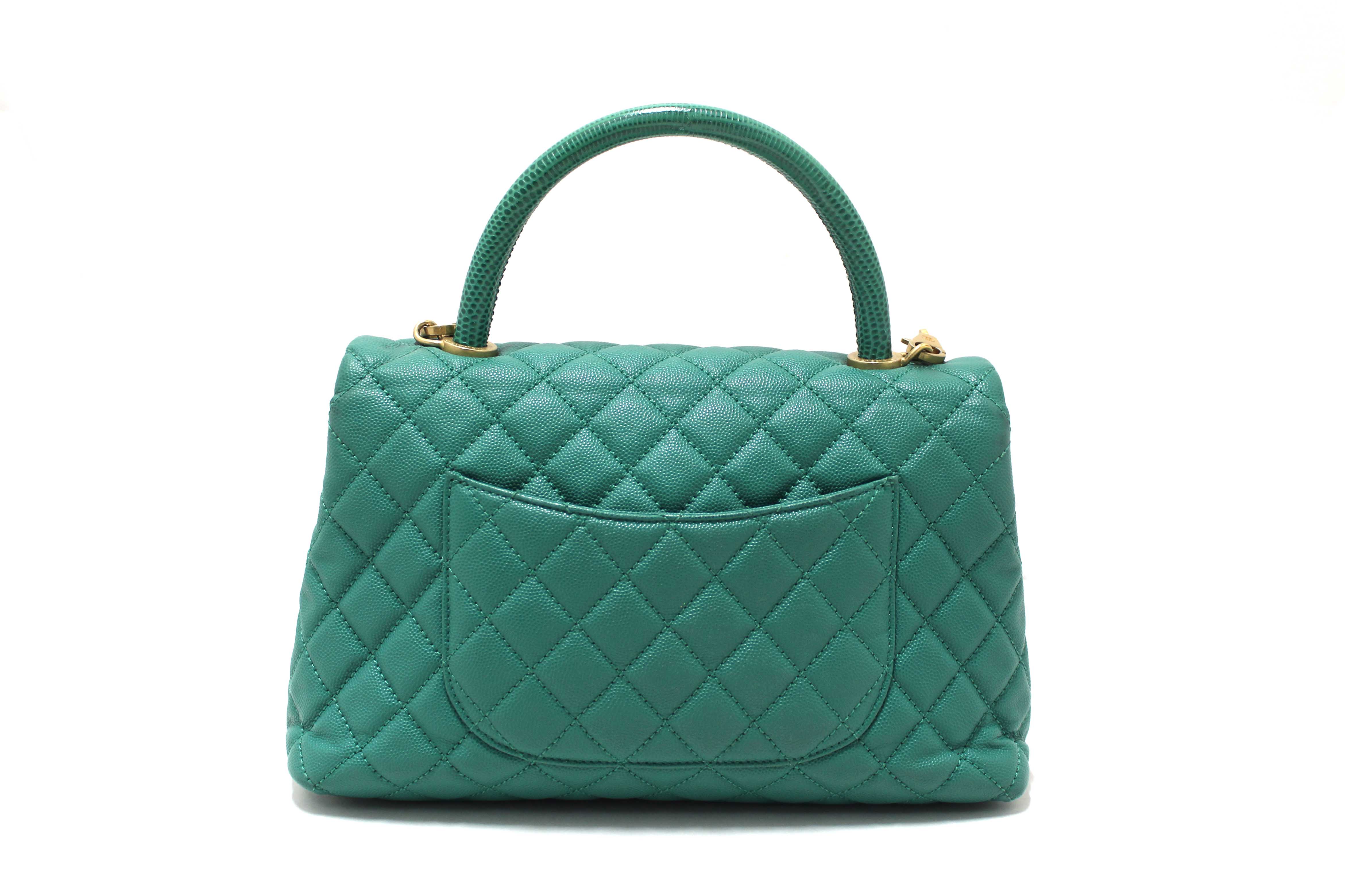 Authentic Chanel Green Quilted Caviar Leather Large CoCo Handle Flap Bag