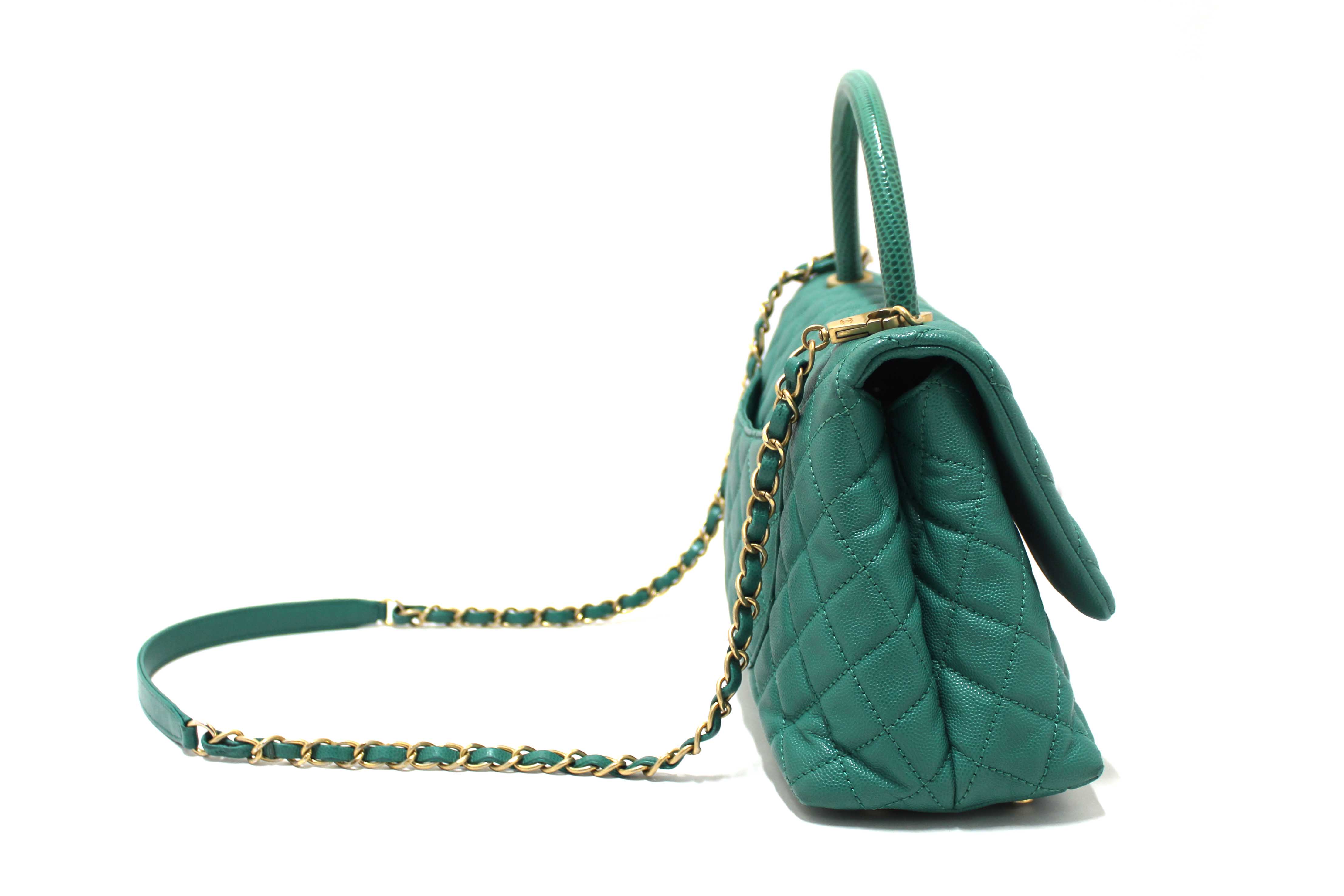 Authentic Chanel Green Quilted Caviar Leather Large CoCo Handle Flap Bag