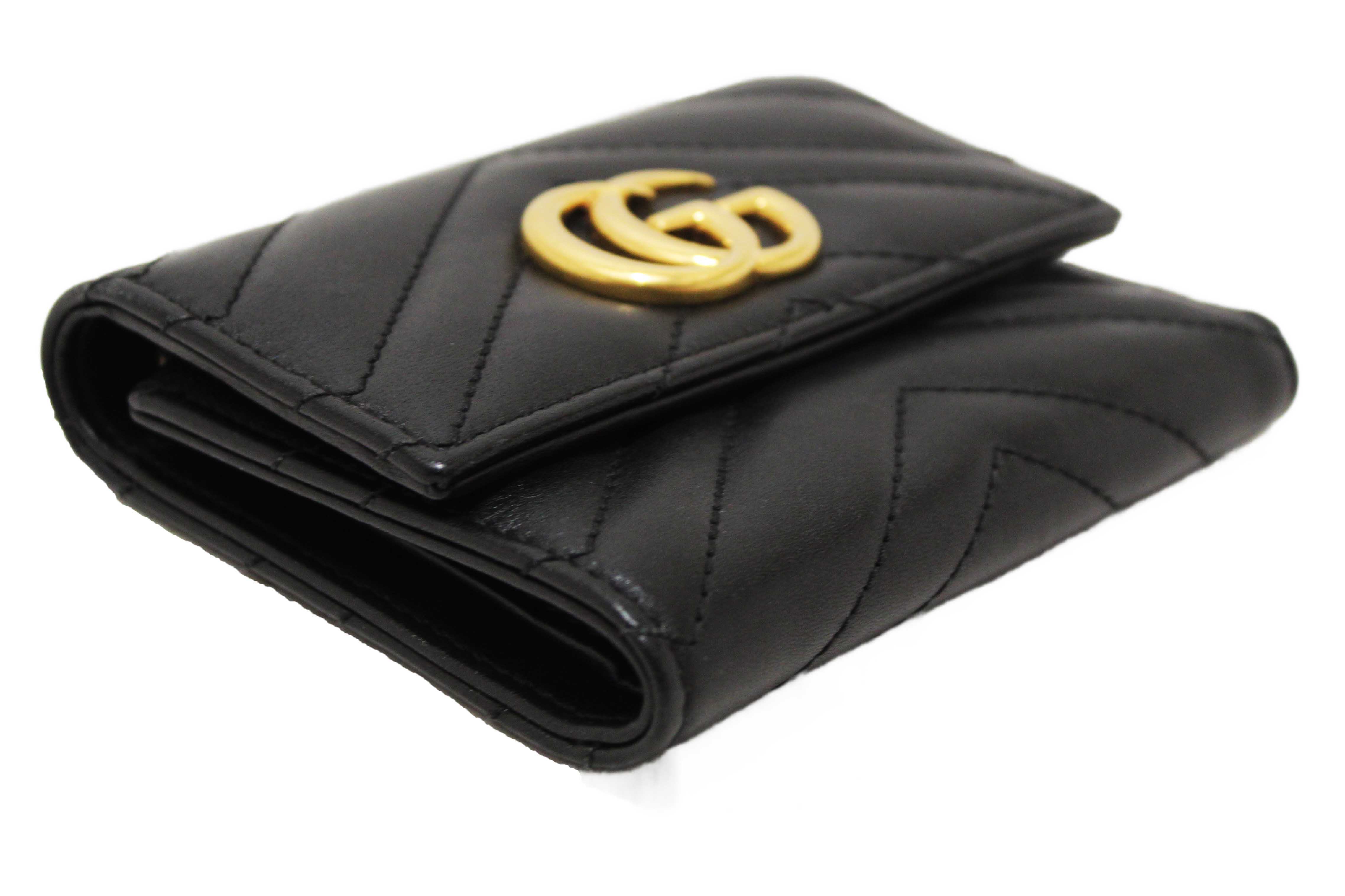 Authentic Gucci Black Marmont Chevron Leather Three Folded Wallet 474802 Wallet