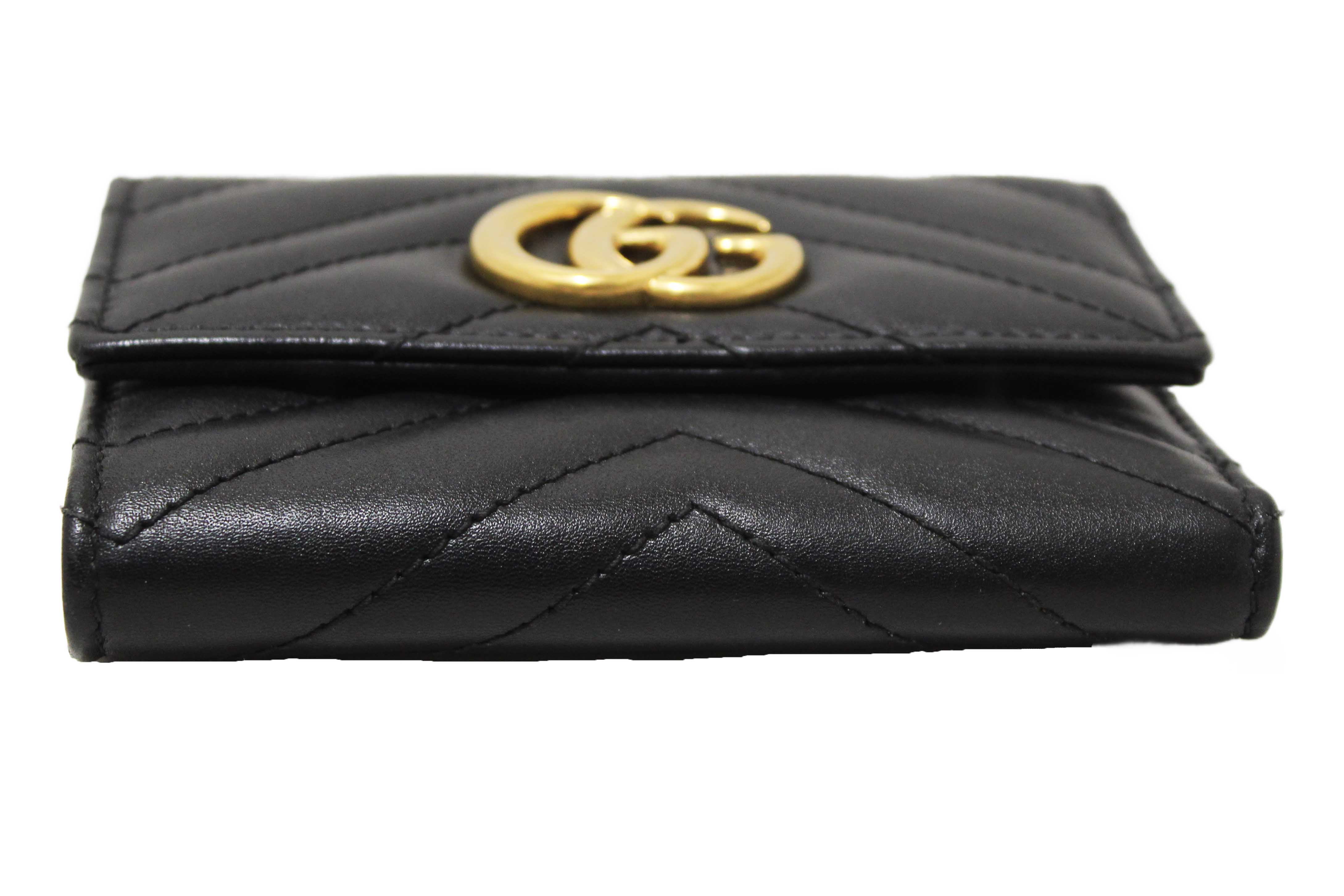 Authentic Gucci Black Marmont Chevron Leather Three Folded Wallet 474802 Wallet