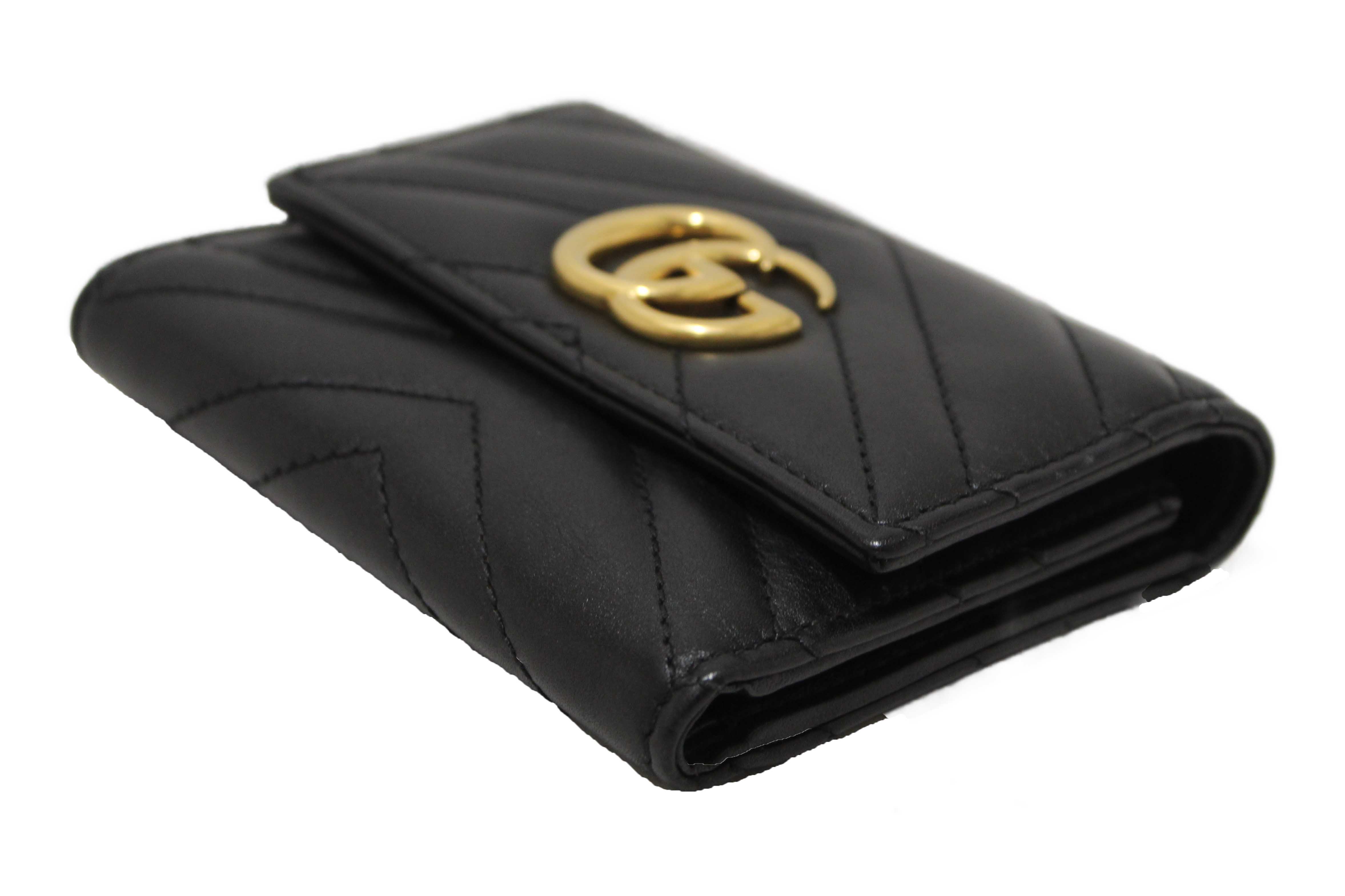 Authentic Gucci Black Marmont Chevron Leather Three Folded Wallet 474802 Wallet