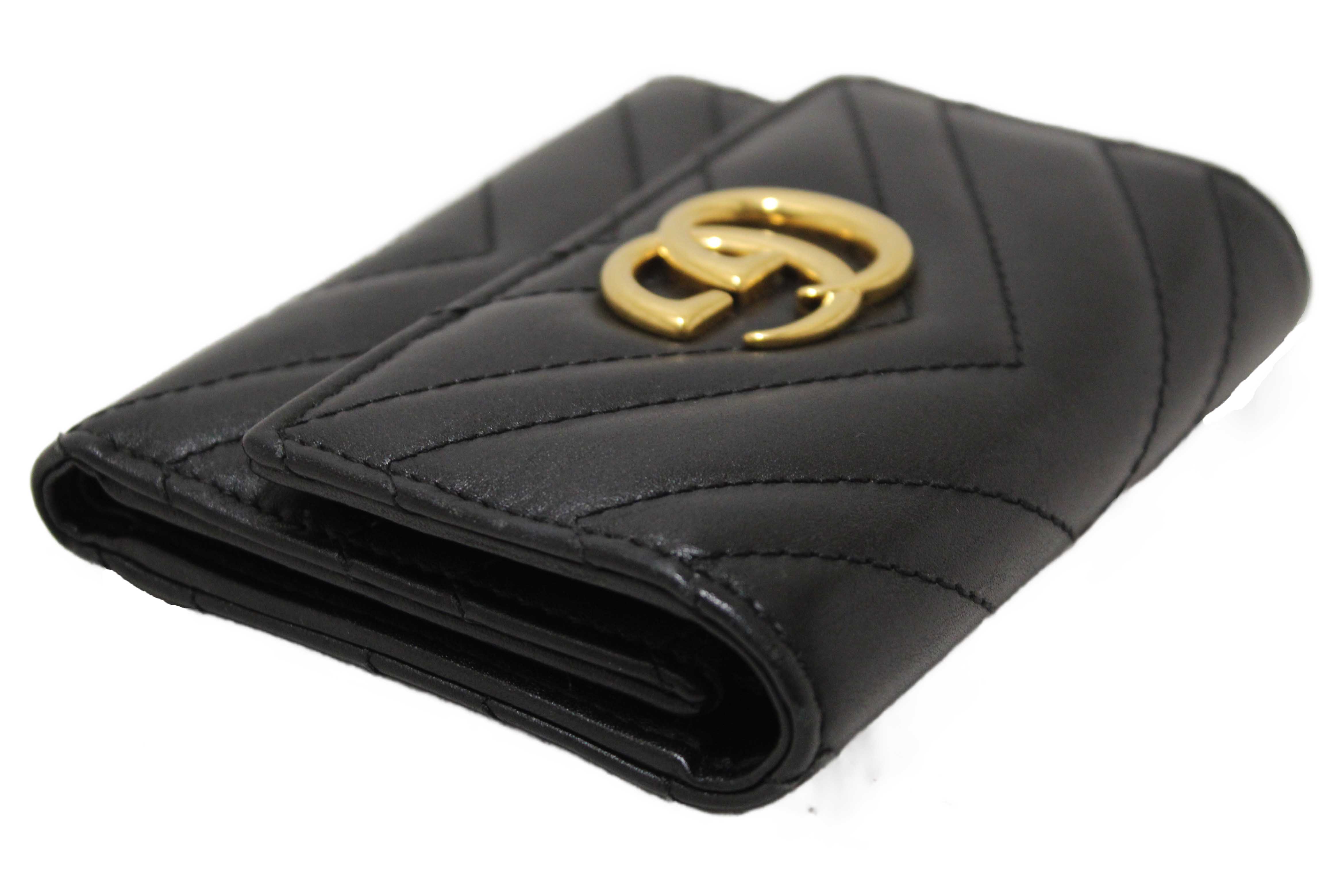 Authentic Gucci Black Marmont Chevron Leather Three Folded Wallet 474802 Wallet