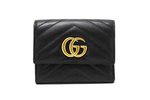 Authentic Gucci Black Marmont Chevron Leather Three Folded Wallet 474802