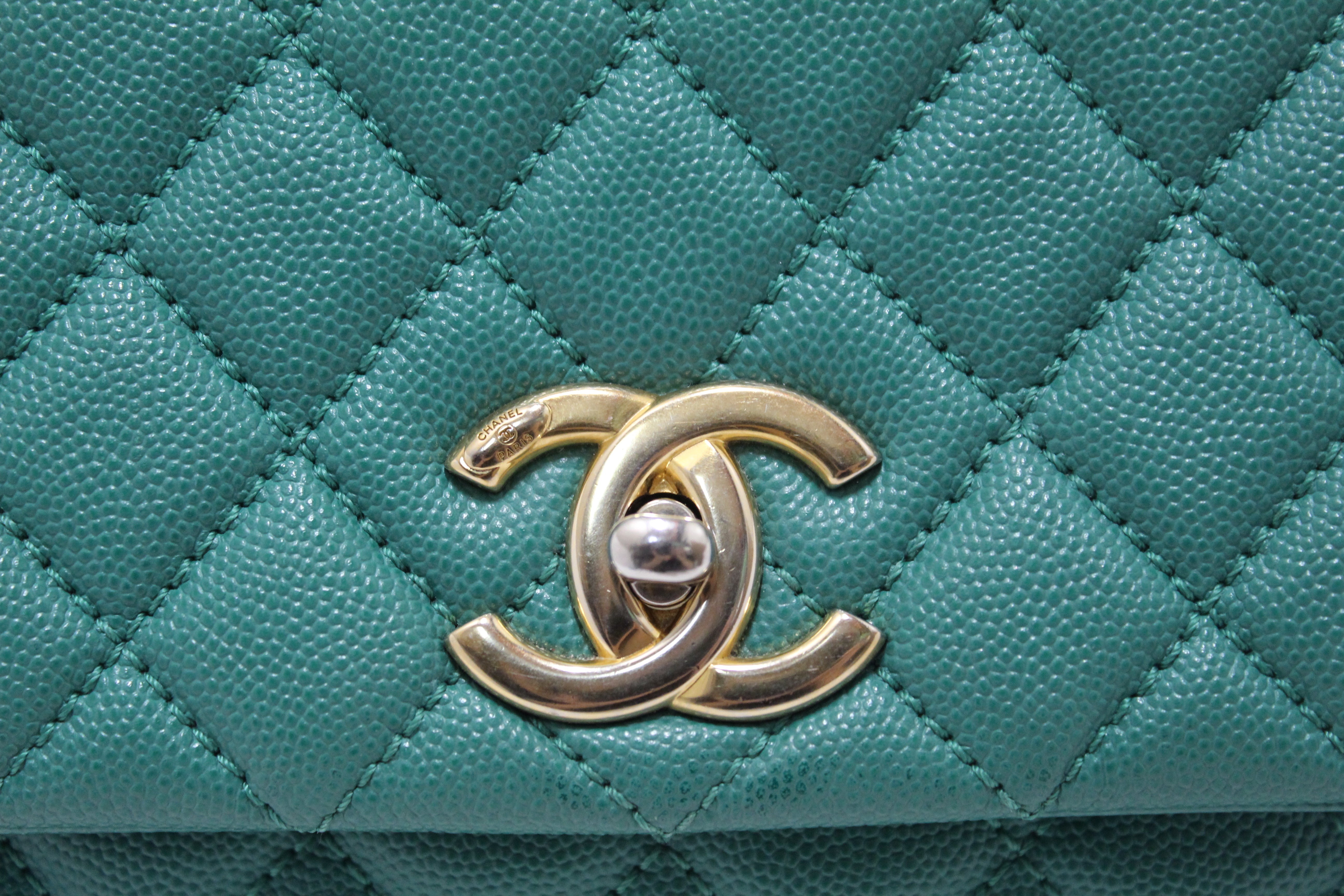 Authentic Chanel Green Quilted Caviar Leather Large CoCo Handle Flap Bag