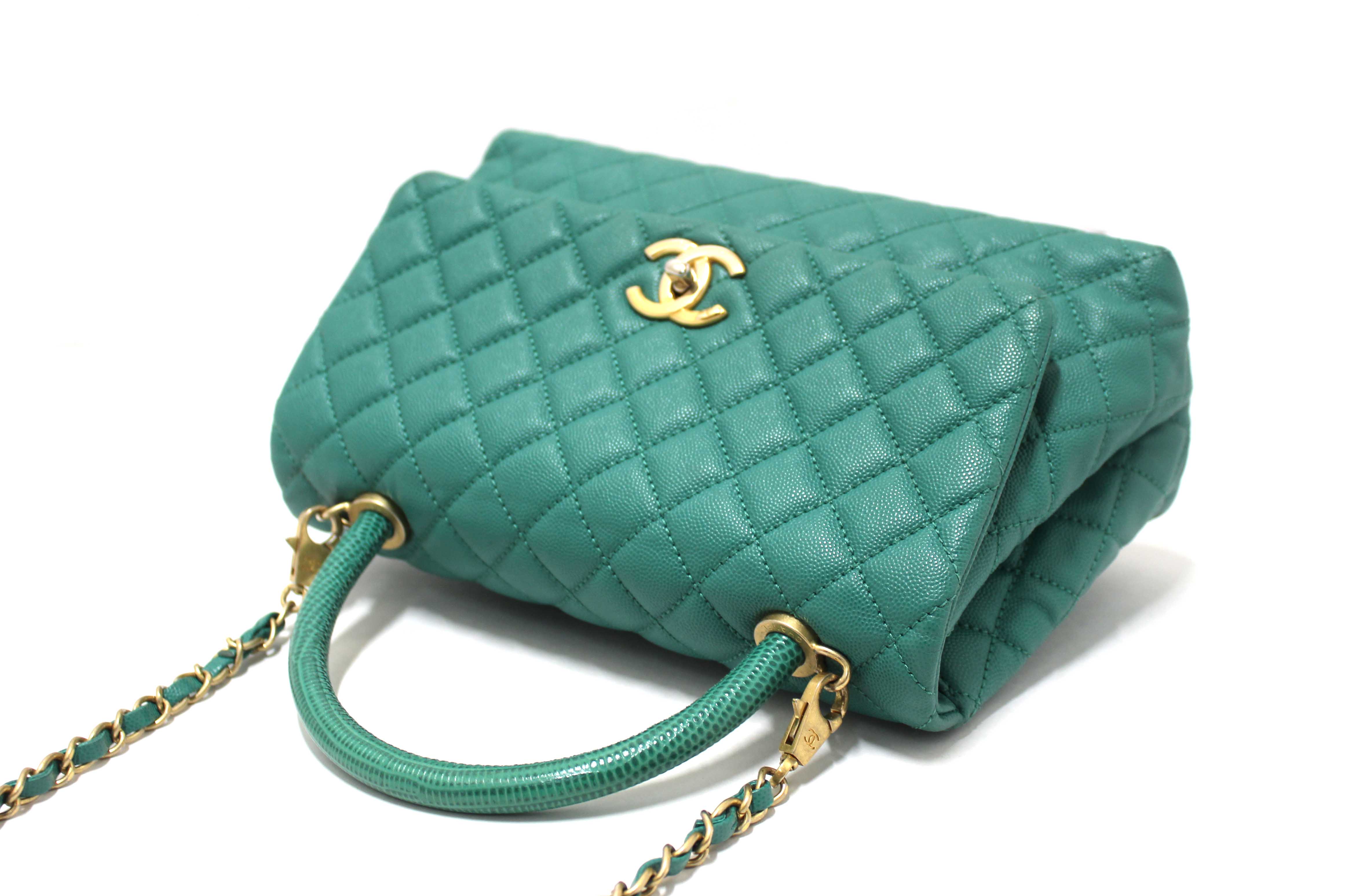 Authentic Chanel Green Quilted Caviar Leather Large CoCo Handle Flap Bag