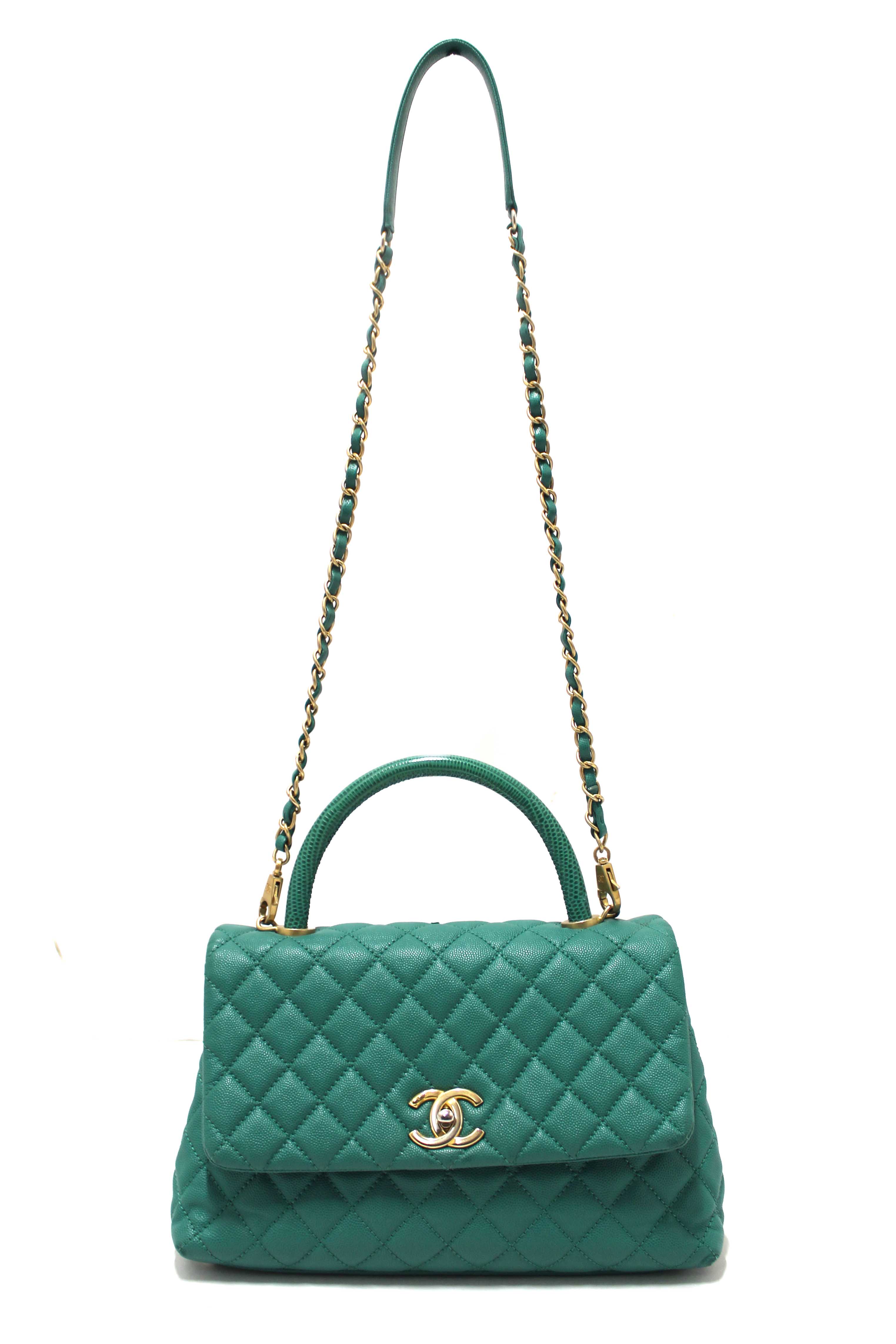 Authentic Chanel Green Quilted Caviar Leather Large CoCo Handle Flap Bag