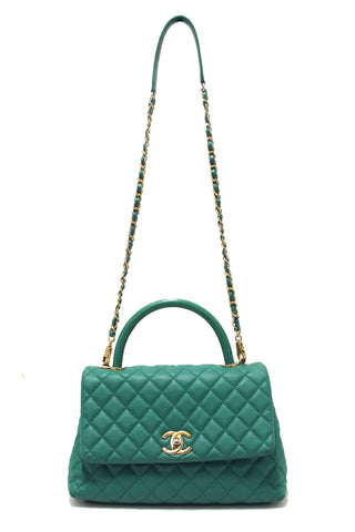 Authentic Chanel Green Quilted Caviar Leather Large CoCo Handle Flap Bag