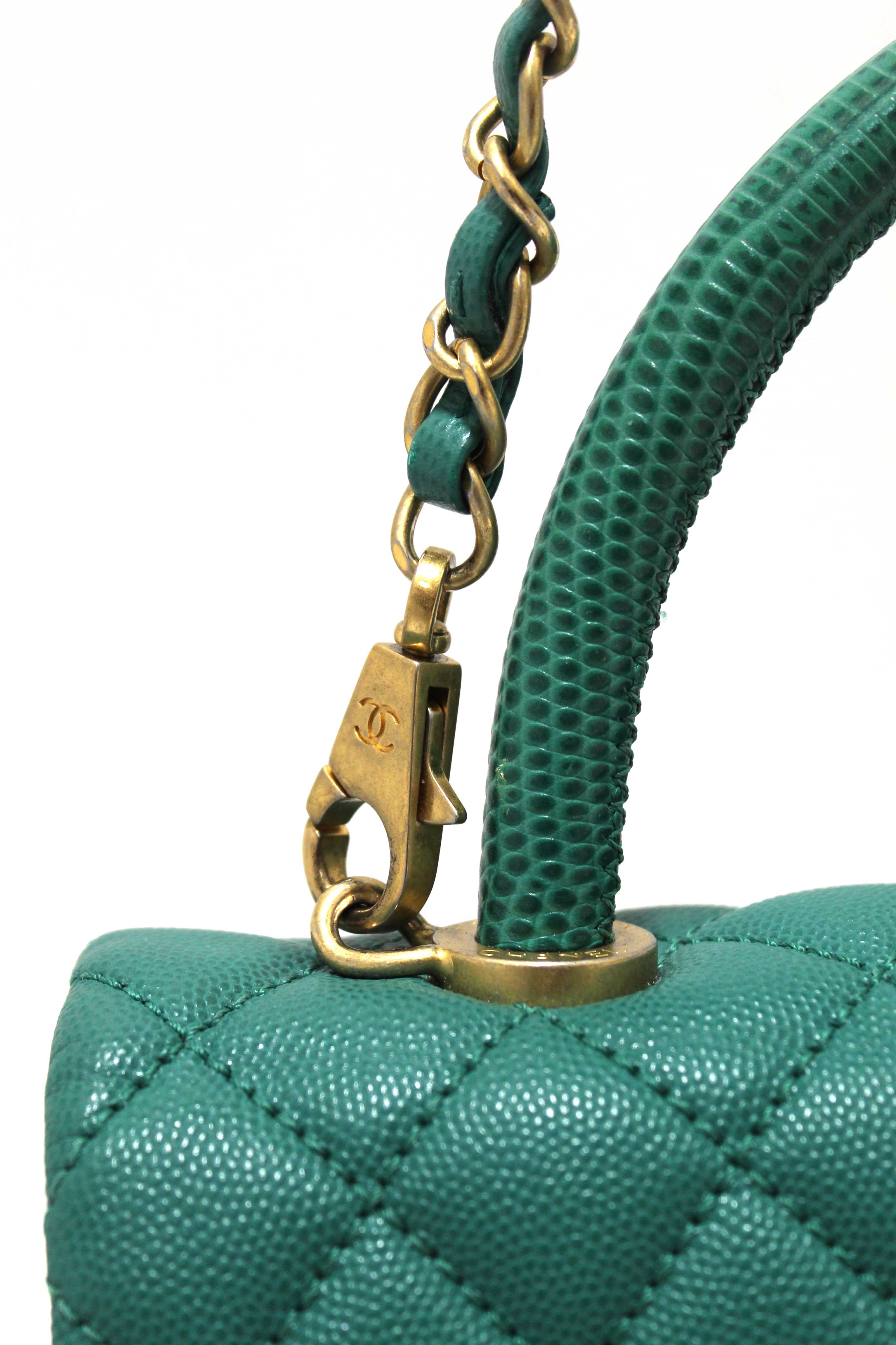 Authentic Chanel Green Quilted Caviar Leather Large CoCo Handle Flap Bag