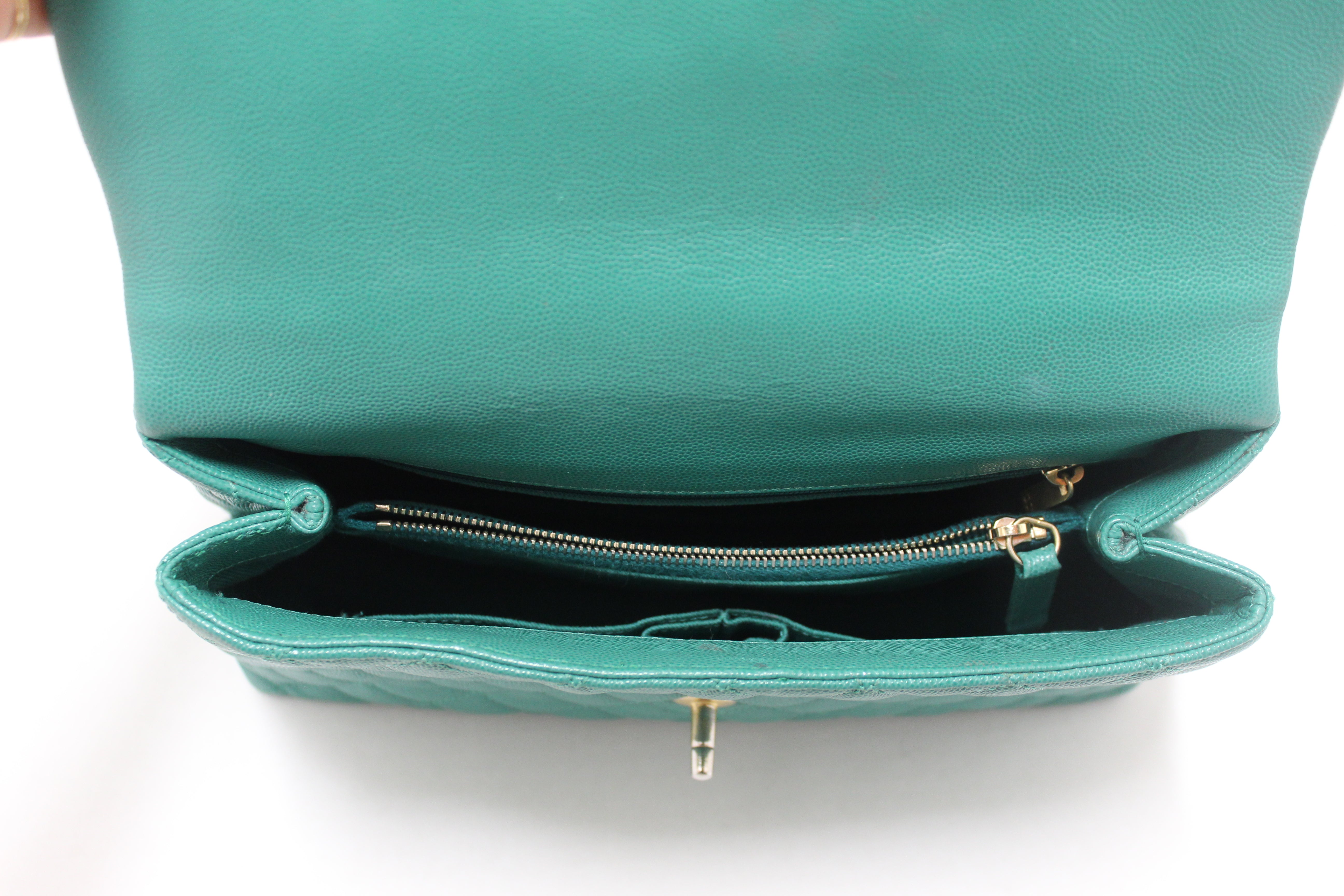 Authentic Chanel Green Quilted Caviar Leather Large CoCo Handle Flap Bag