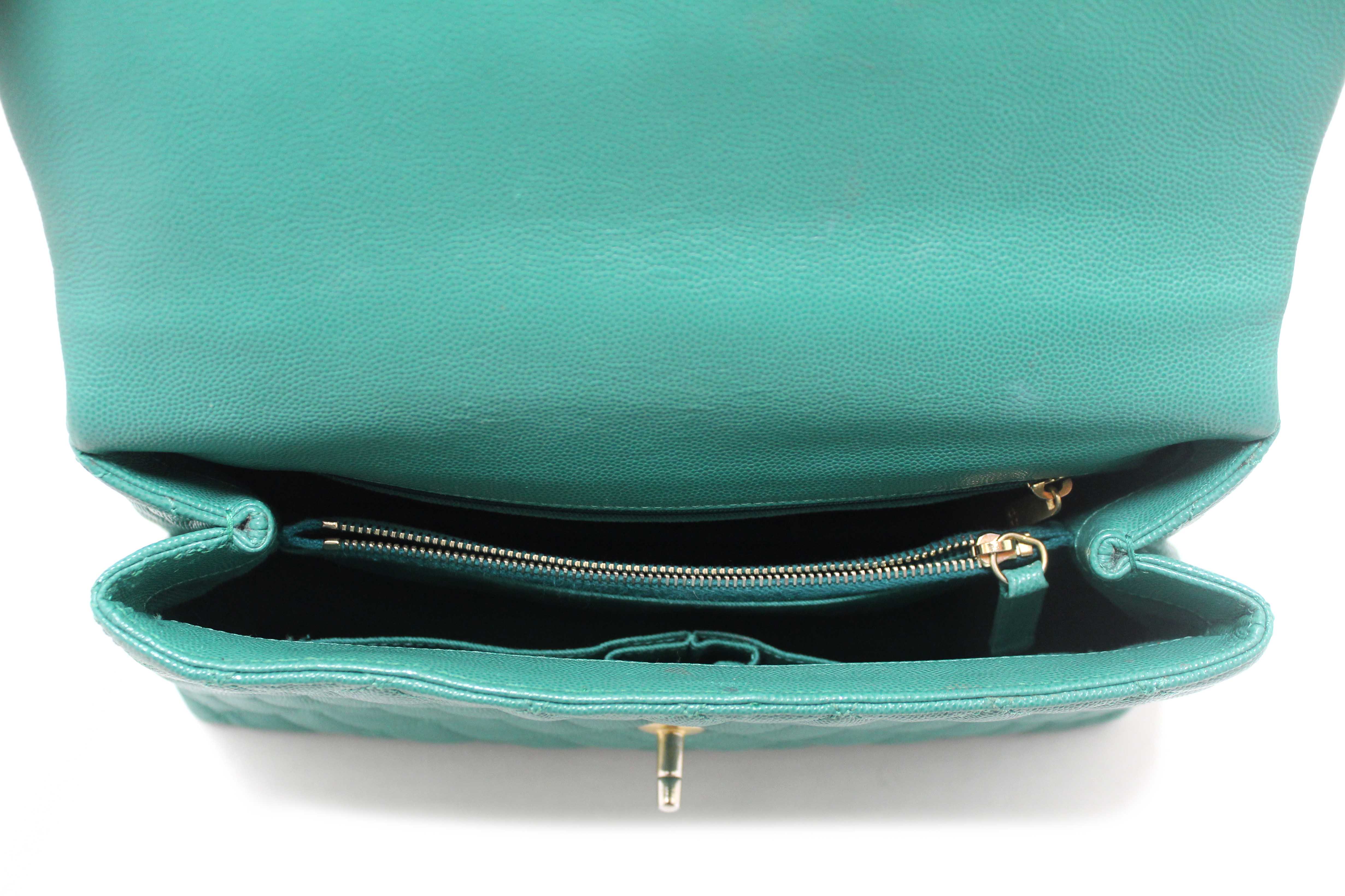 Authentic Chanel Green Quilted Caviar Leather Large CoCo Handle Flap Bag