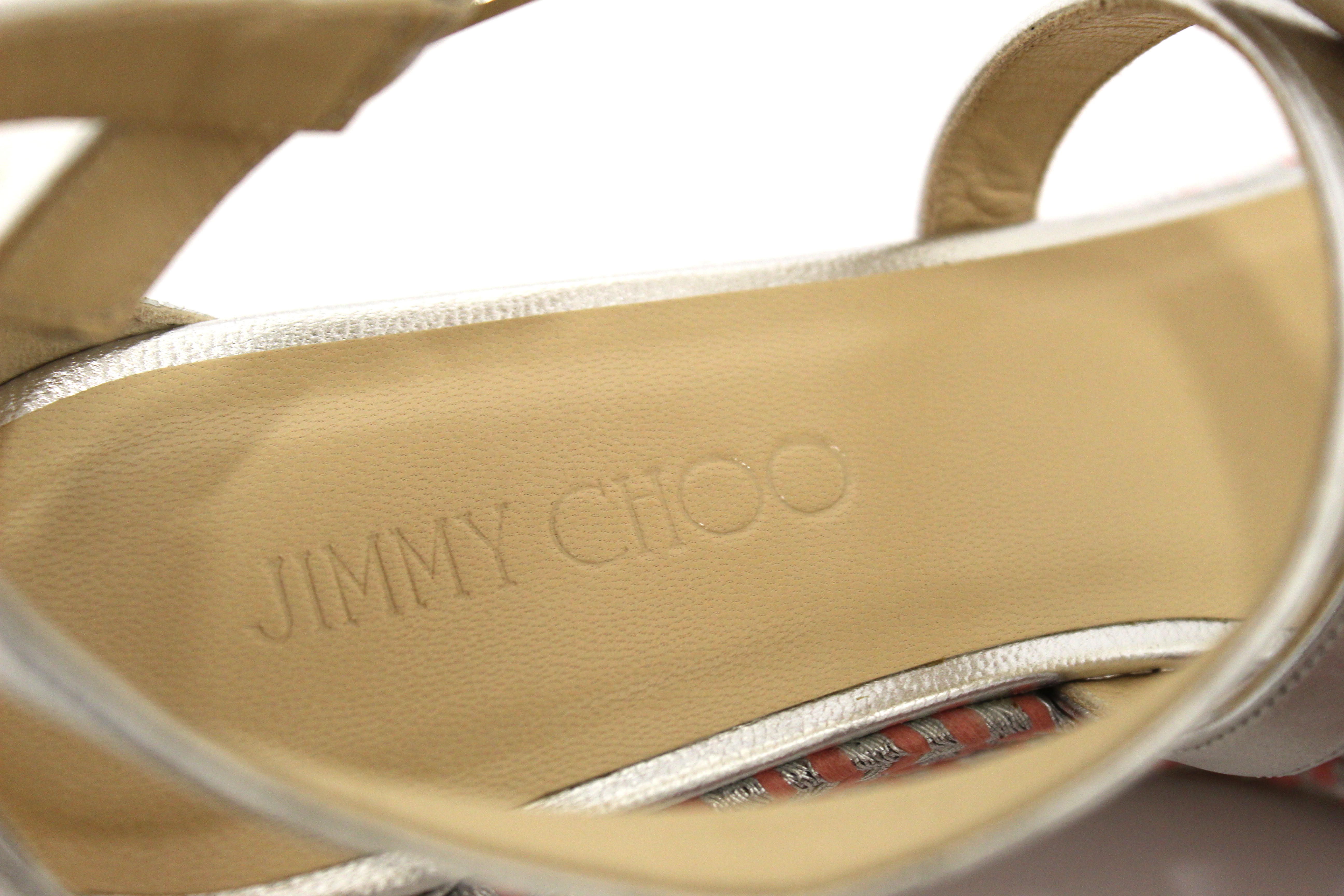 Authentic NEW Jimmy Choo Silver Nappa Leather Espadrille Wedge Sandal 39