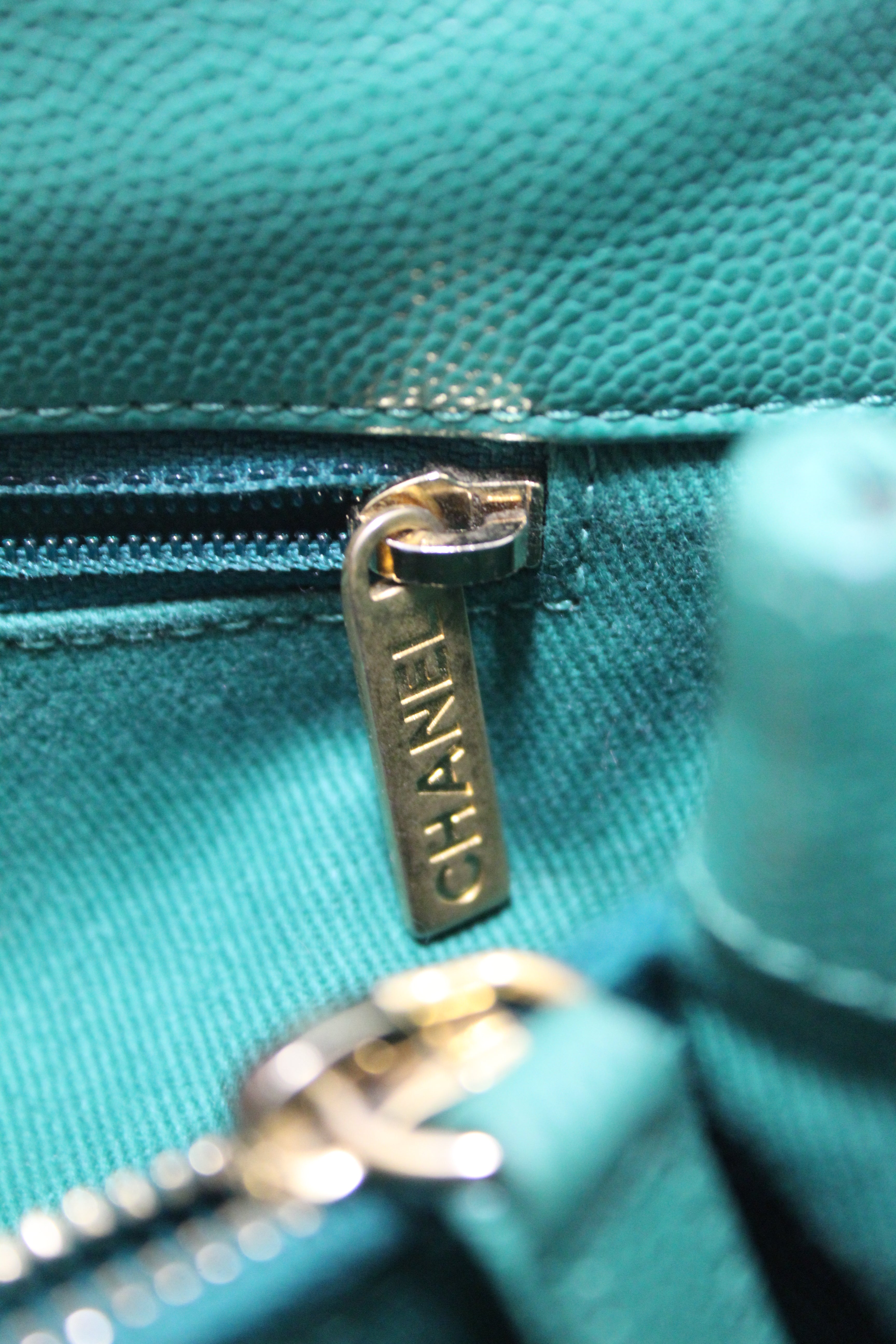 Authentic Chanel Green Quilted Caviar Leather Large CoCo Handle Flap Bag