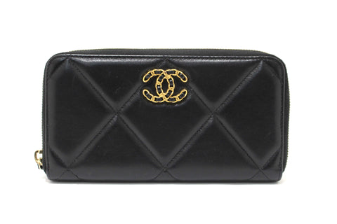 Authentic Chanel 19 Black Quilted Lambskin Leather Long Zip Around Wallet